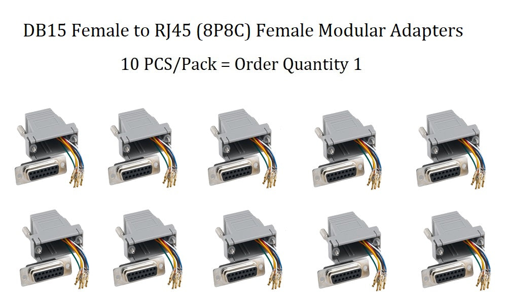 10-Pack DB15 Female to RJ45 (8P8C) Female Modular Adapter - Gray | Computer Network & Telecom Equipment Connector for Server Rooms, Data Centers & Office Wiring