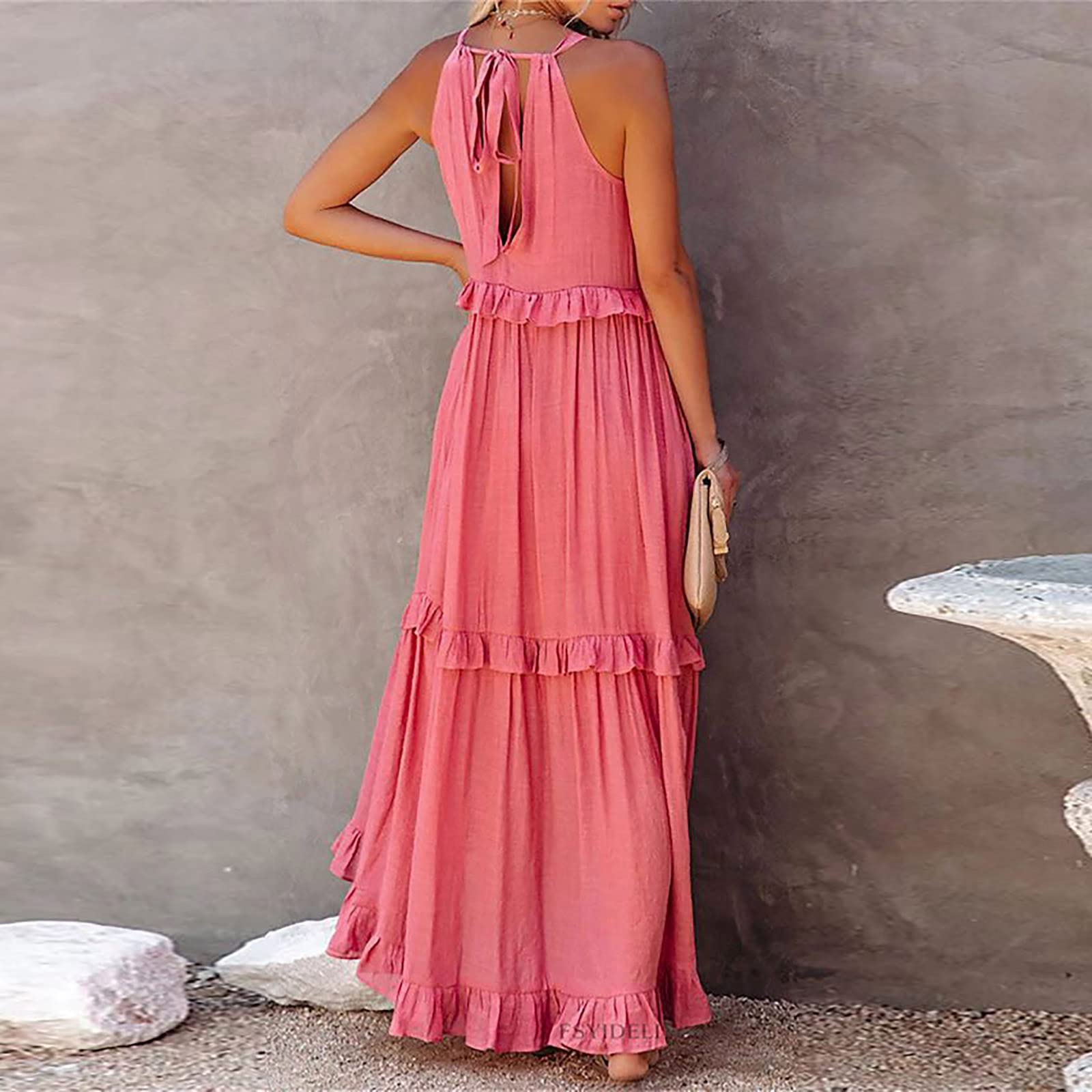 Women's High Neck Ruffle Tiered Maxi Dress - Boho Beach Sundress with Pleated Layered Design for Spring 2025 | Perfect for Vacations, Summer Outings & Casual Wear