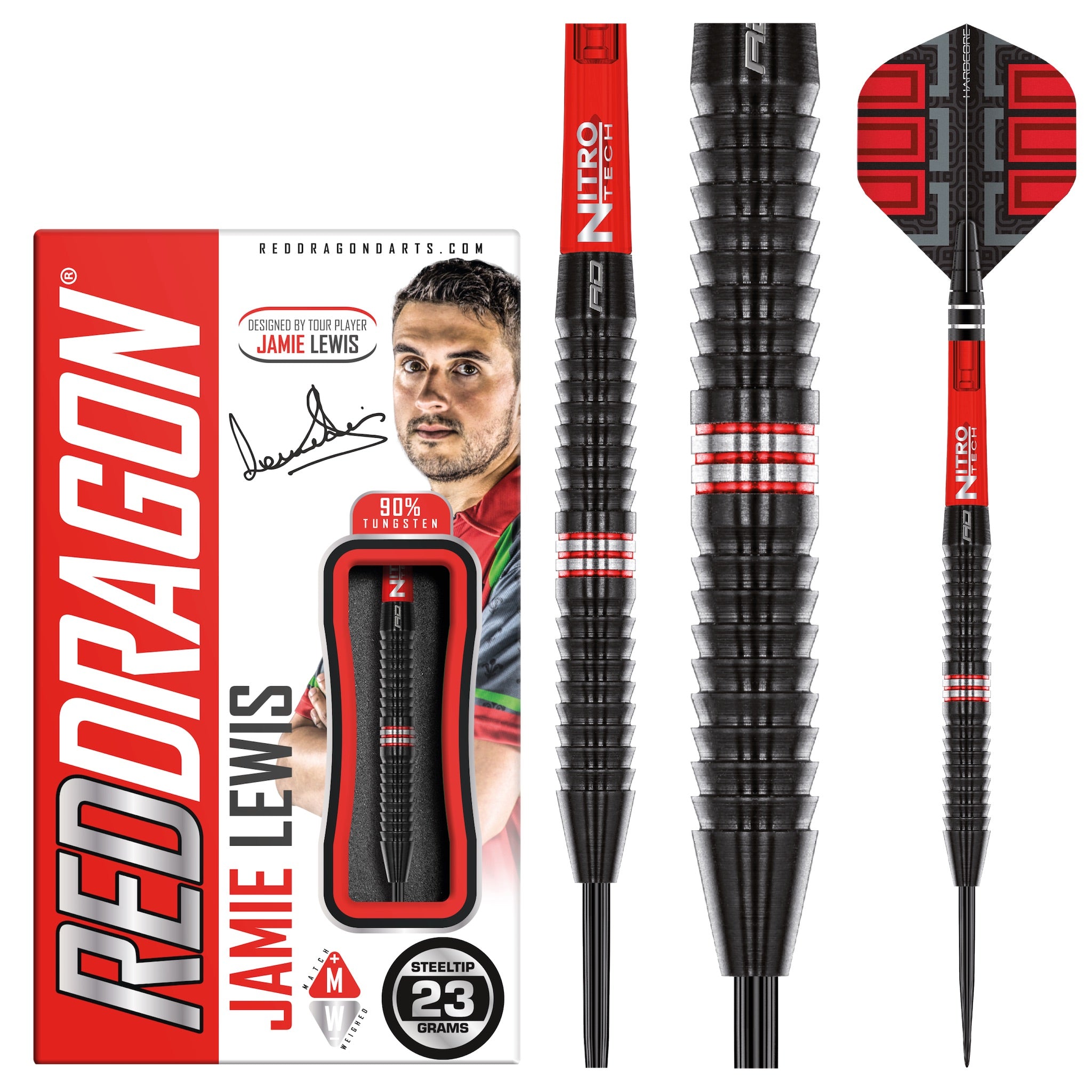 RED DRAGON Jamie Lewis Special Edition 90% Tungsten Steel Tip Darts 23g - Professional Dart Set for Bars, Tournaments & Home Practice