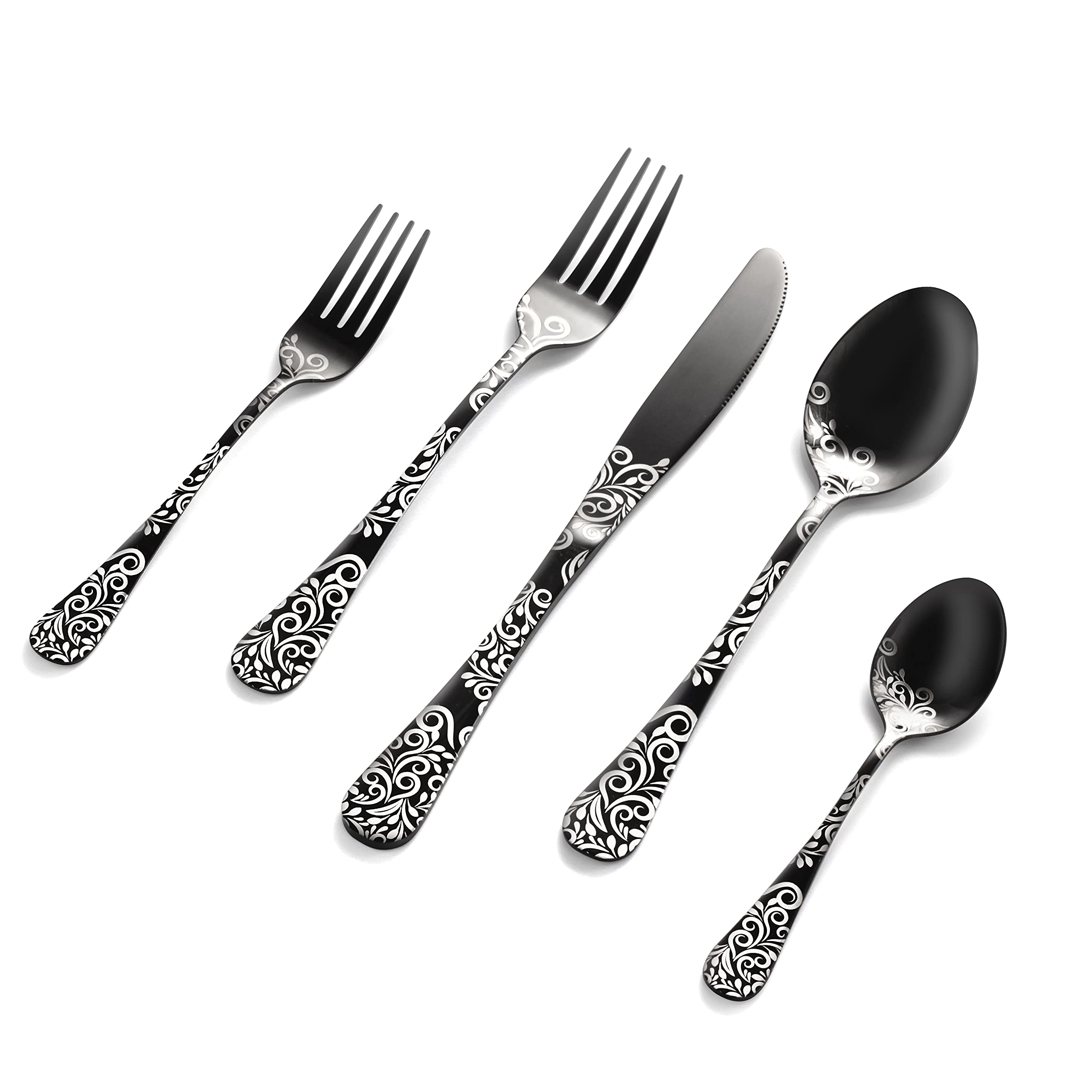 10-Piece Stainless Steel Flatware Set for 2 People - Knives, Forks & Spoons with Vintage Pattern Design, Mirror Polish Finish, Dishwasher Safe (02-BLACK-SET 10) - Perfect for Dinner Parties, Weddings & Everyday Dining