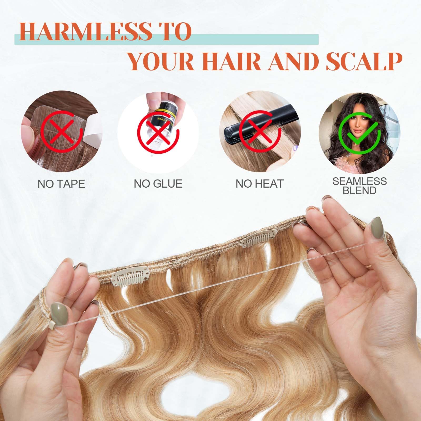 Benehair 100% Real Human Hair Halo Extensions - 20 Inch Wavy Blonde Hair Extensions (Ash Blonde & Bleach Blonde, 70g) for Weddings, Parties & Daily Styling