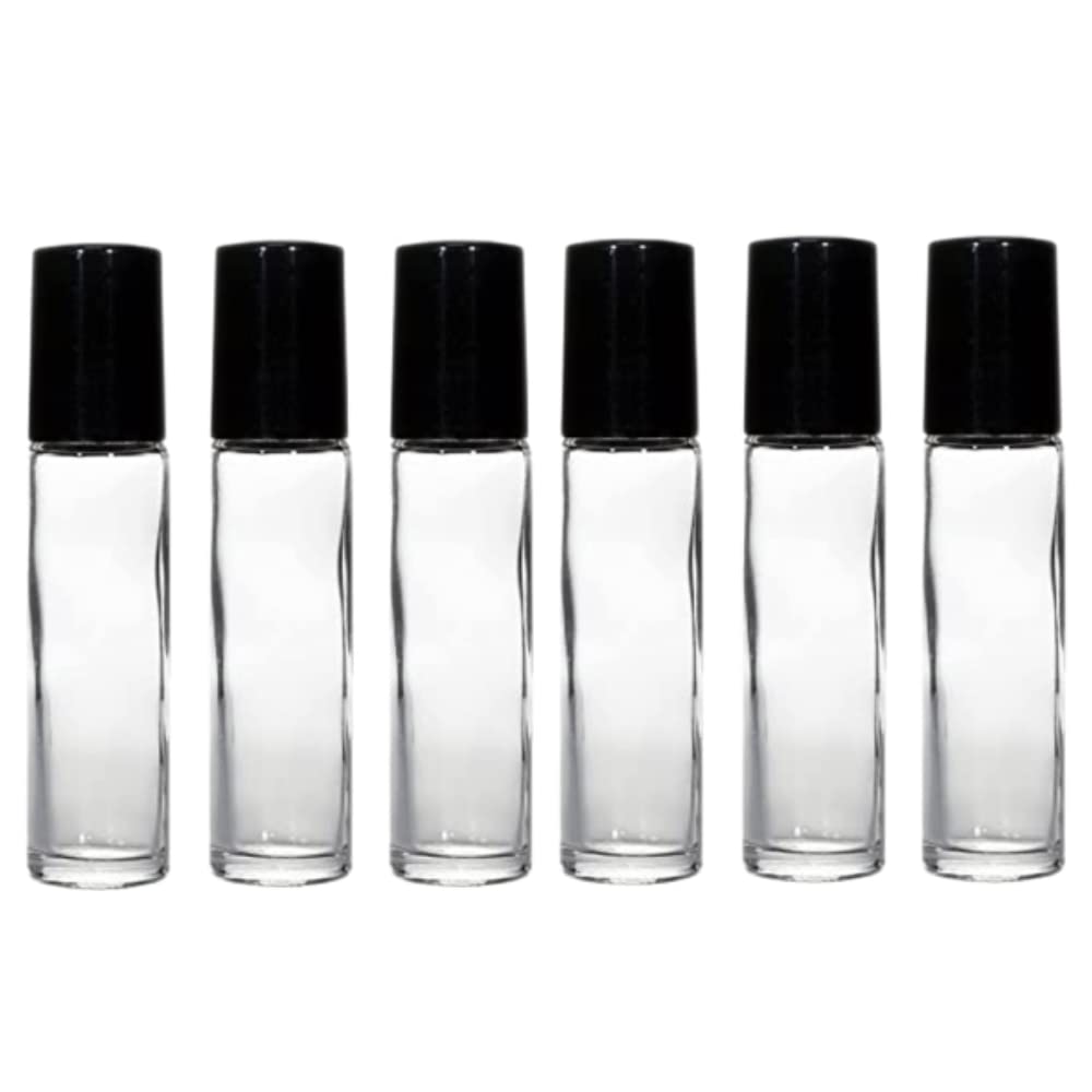 Dethra Beauty Care 10ML Empty Glass Roll On Bottles with Roller Ball & Black Cap - Refillable for Perfume, Essential Oils, Lip Serum, Eyebrow Growth Serum - Pack of 6 - Perfect for DIY Beauty, Travel & Gift Sets