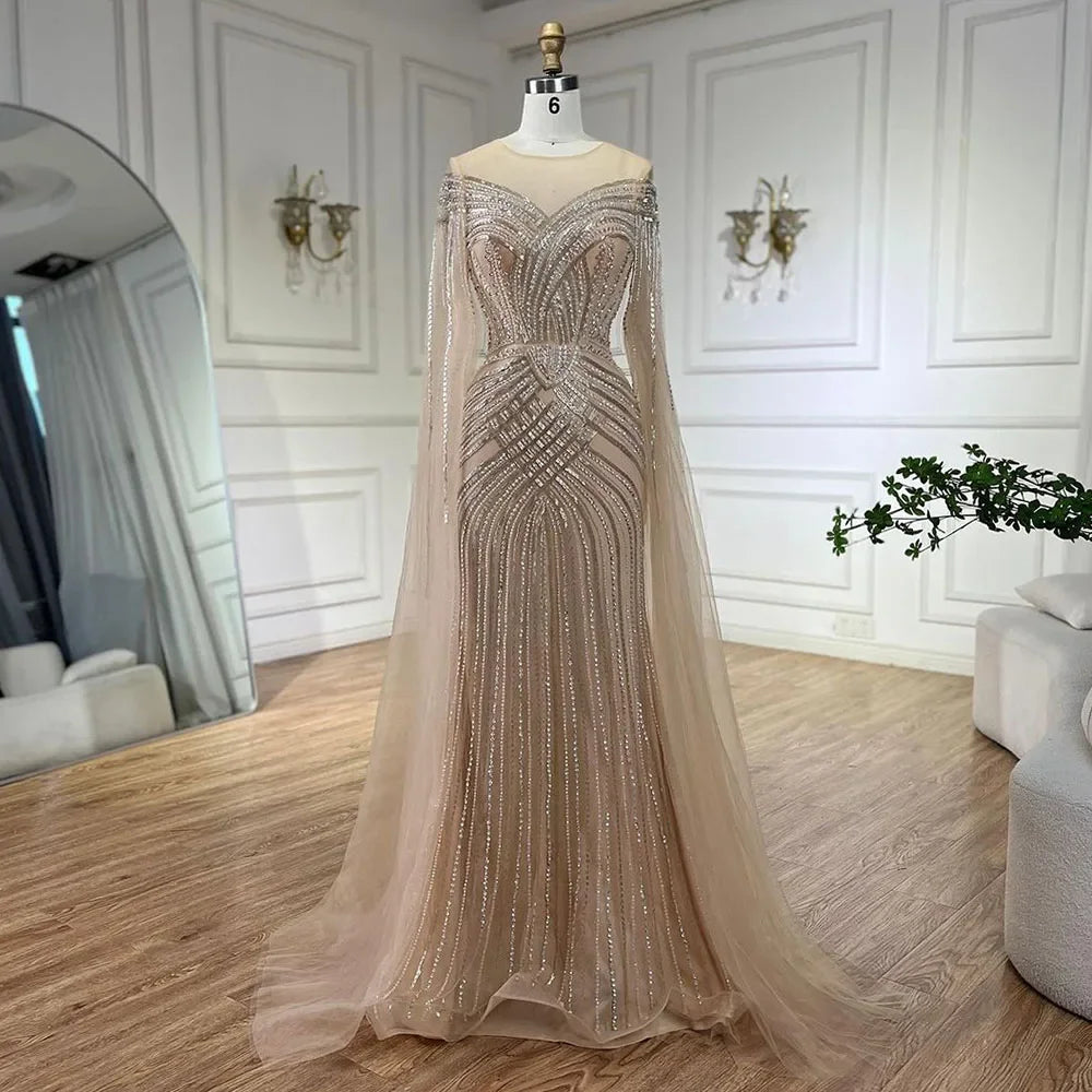 Serene Hill Luxury Nude Arabic Mermaid Evening Gown with Cape Sleeves & Beaded O-Neck - Elegant Wedding Party Dress for Women 2025 (LA72012) | Perfect for Bridal Showers, Red Carpet Events & Formal Occasions