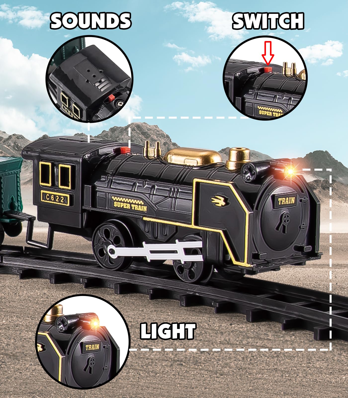 Electric Farm Toy Train Set with Light & Sound - 12 Animal Figures Included - Miniature Steam Engine for Kids Ages 3+ - Perfect for Birthday Cakes, Stocking Stuffers & Toddler Playtime