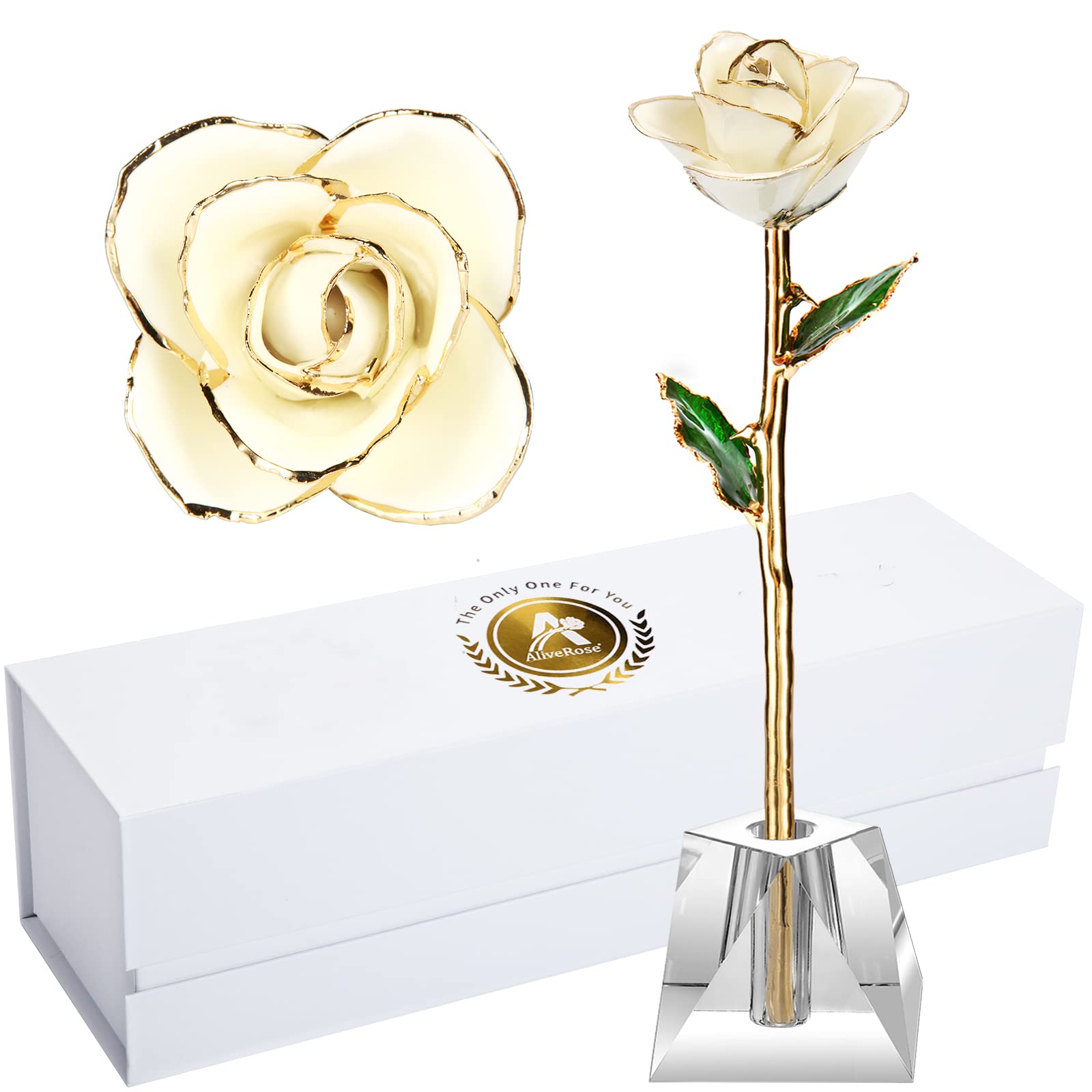 24k Gold Real Rose Gift for Her - Long Stem Gold White Rose with Crystal Vase, Anniversary Valentine's Mother's Day Birthday Present - Perfect for Romantic Proposals, Wedding Decor & Luxury Home Display