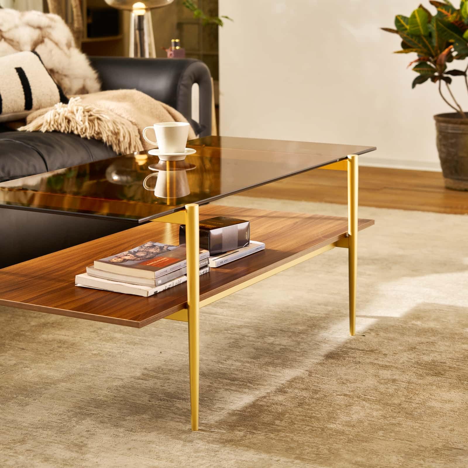 AGV LIGHTING Modern Double Layer Coffee Table with Gold Frame, Coffee Brown Glass & Walnut Wood Top - Stylish Living Room Center Table for Small Spaces, Apartments and Lounge Areas