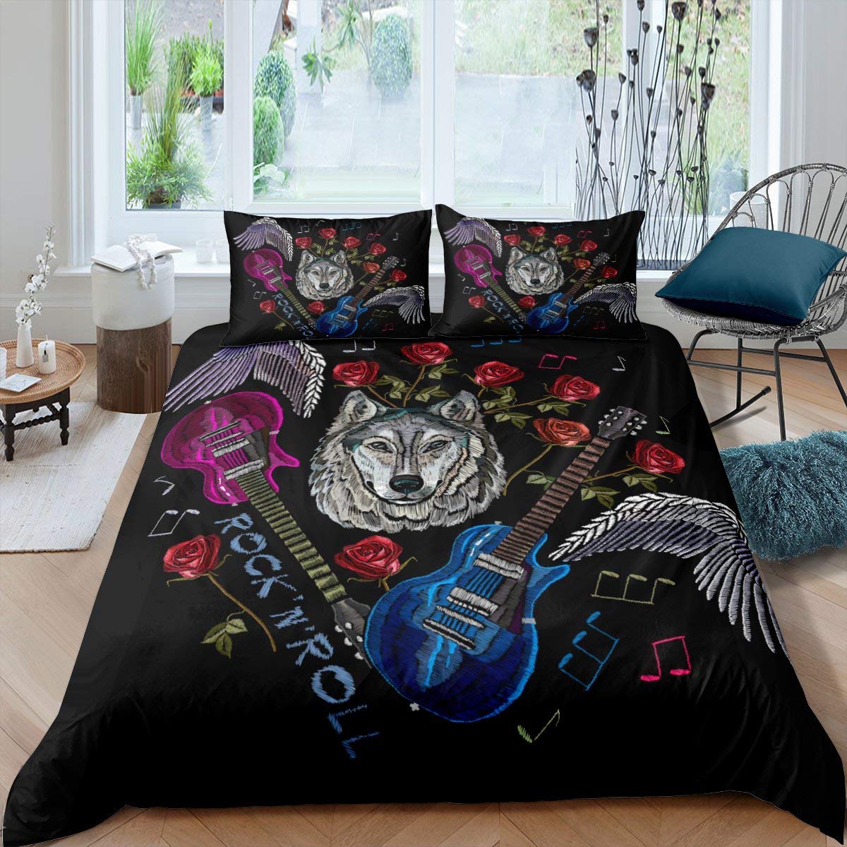 Erosebridal Wolf Rose Bedding Set - Punk Rock Music Notes Duvet Cover with Pillow Sham, Twin Size Black | Gothic Bedroom Decor for Teens & Music Lovers