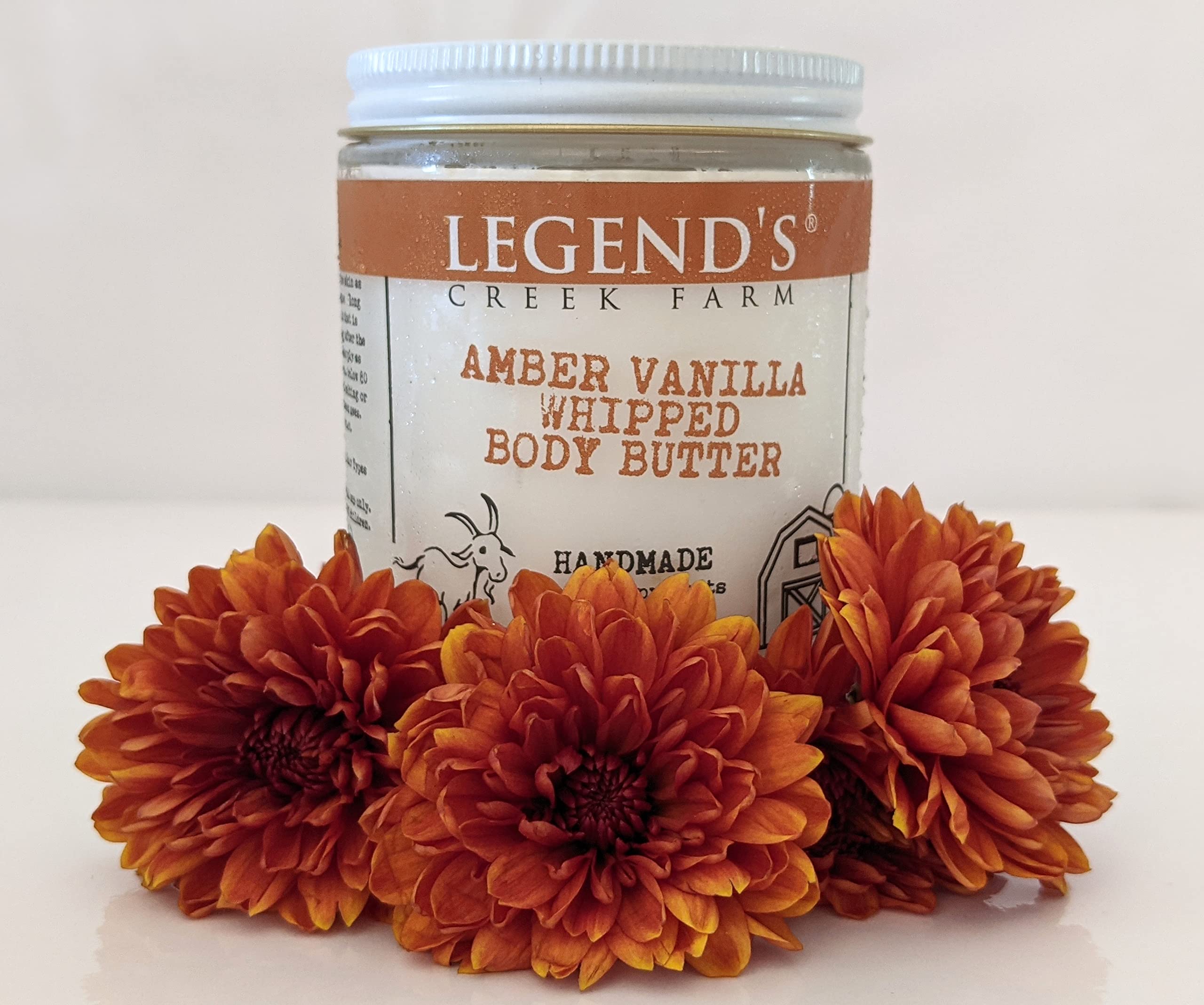 Legend's Creek Farm Goat Milk Body Butter - Organic Shea Butter & Grape Seed Oil Hydrating Moisturizer - 8 Oz Whipped Body Cream for Dry Skin - Amber Vanilla Scent - Perfect for Daily Hydration & Spa Nights