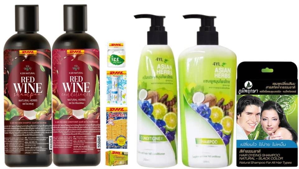 K.Sri Red Wine Herbal Shampoo & Conditioner Set 300ml - Bergamot Formula for Hair Loss Reduction, Sulfate-Free & Nourishing Treatment (4YL Equivalent) | Fast DHL Shipping by Beauty Good Shops | Perfect for Damaged Hair Care & Daily Scalp Nourishment