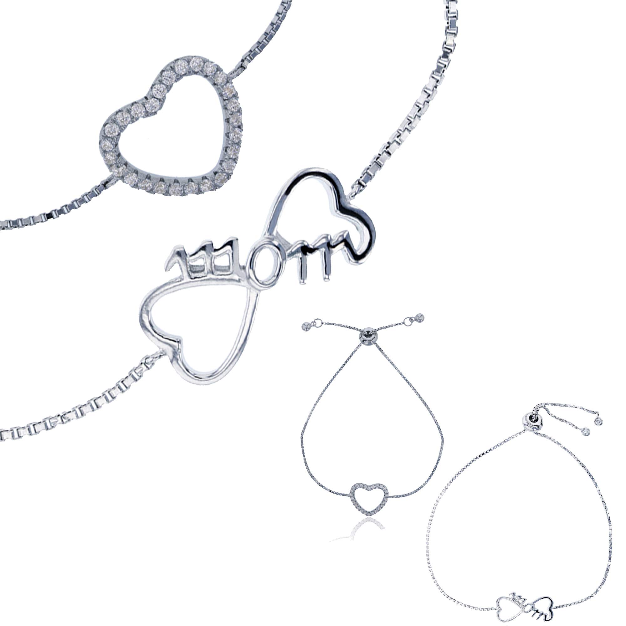 Sterling Silver Rhodium Plated Open Heart & Double Hearts 