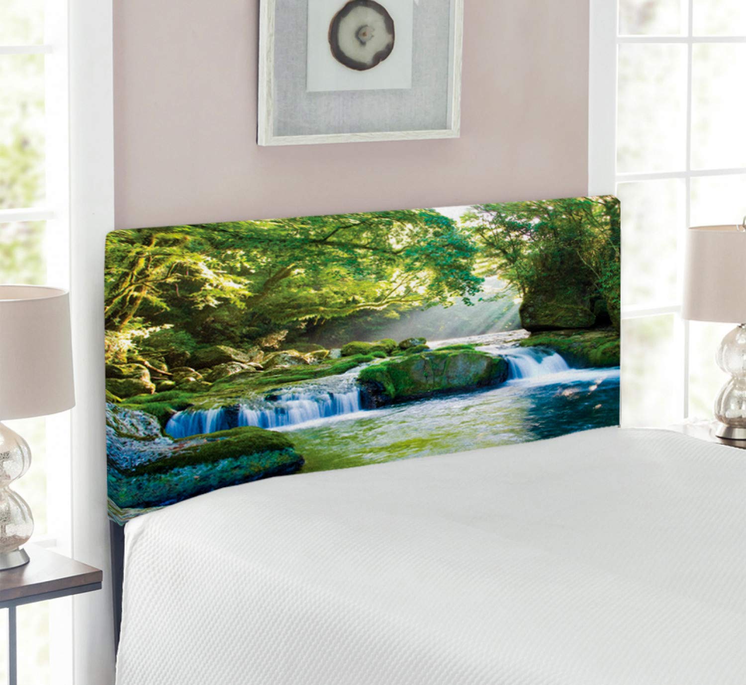 Ambesonne Rainforest Headboard - Twin Size Upholstered Metal Bed Frame with Memory Foam, Jungle Foliage & Misty Mountain Design in Yellow Green Blue - Perfect for Bedroom Decor, Guest Rooms & Nature-Themed Interiors