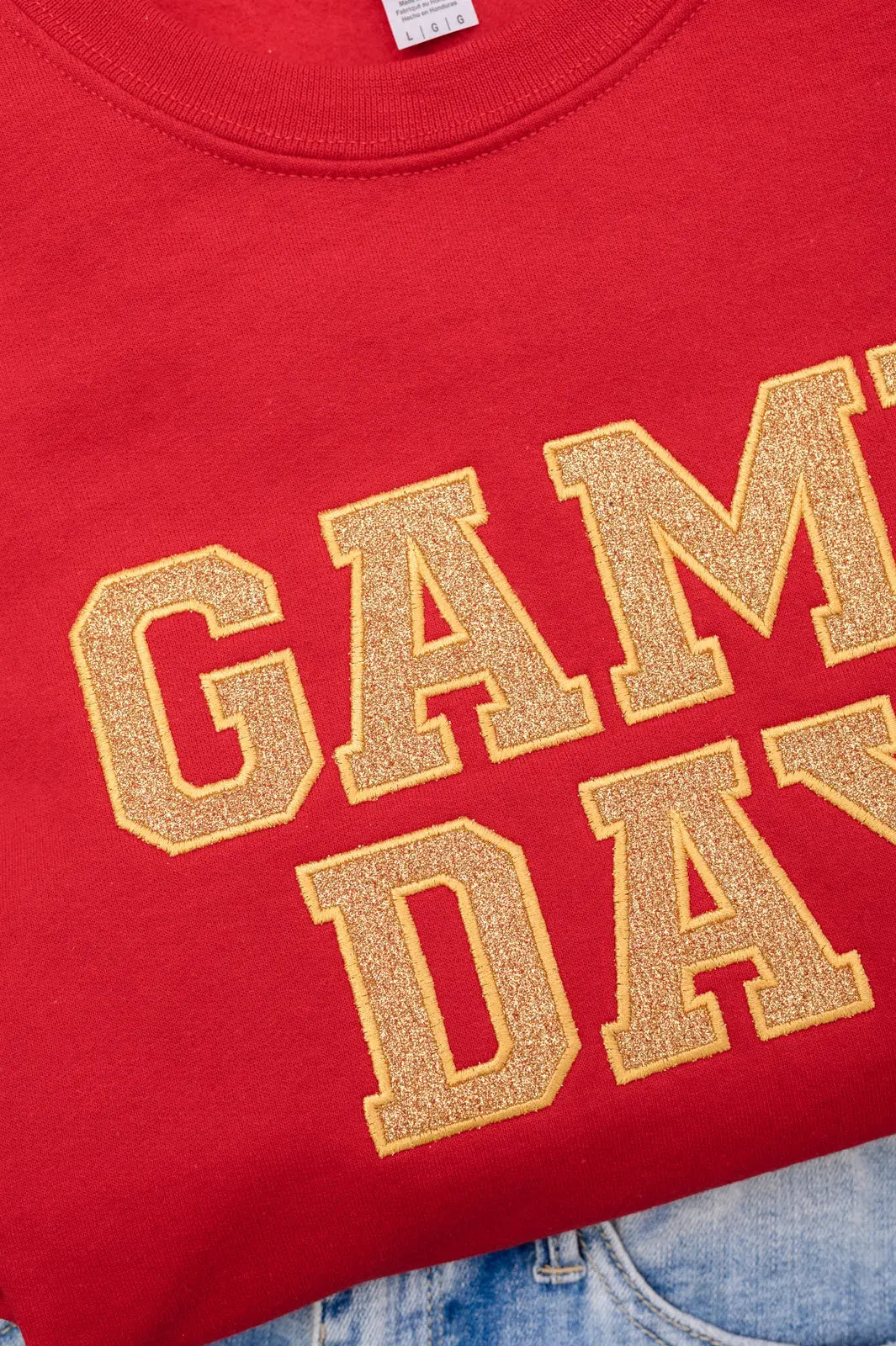 PREORDER: Embroidered Glitter Game Day Sweatshirt - Red & Old Gold | Women's College Football Fan Apparel for Tailgating & Sports Events
