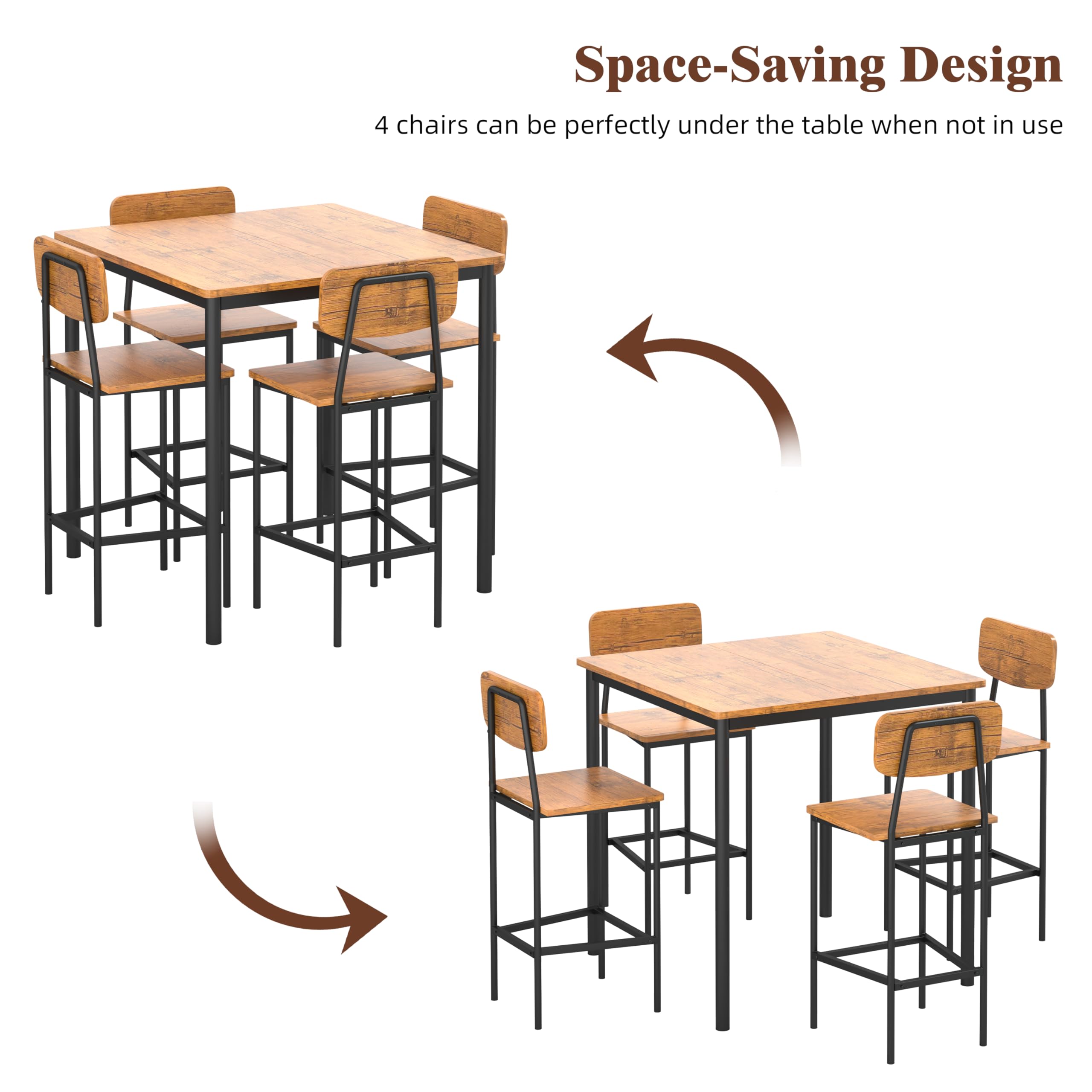4-Piece Industrial Dining Table and Chairs Set - Space-Saving Brown Kitchen Furniture for Family Dinners & Entertaining | Perfect for Small Spaces, Apartments, and Modern Farmhouse Decor