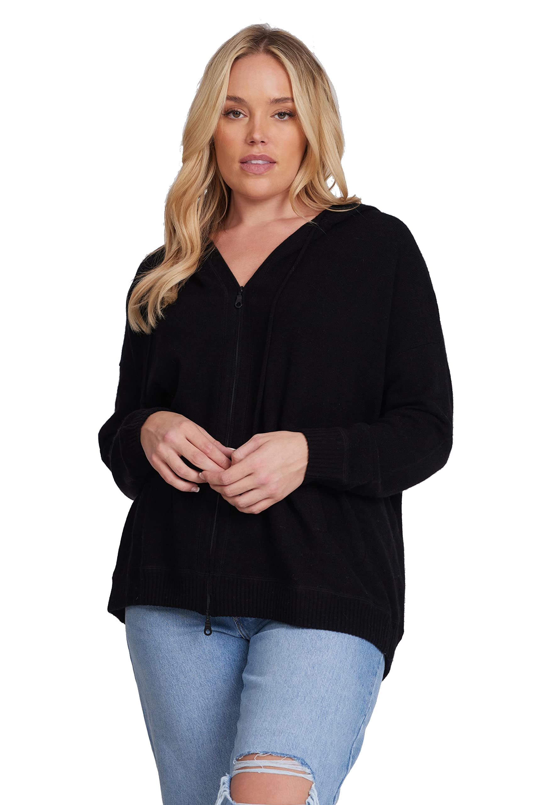 Minnie Rose Women's Oversized Cashmere Zip-Up Hoodie - Cozy Winter Sweatshirt for Casual Wear & Lounging