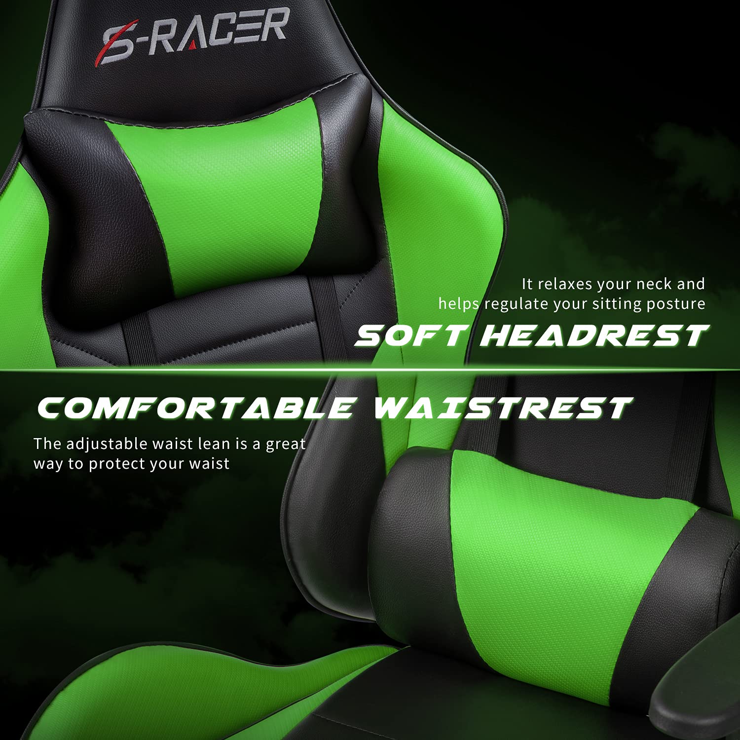 Homall Ergonomic Gaming Chair with Massage & Footrest - Adjustable Racing Style Computer Office Desk Chair, Swivel Rolling Task Chair for Home & Office (Light Green) - Perfect for Gaming, Work & Relaxation