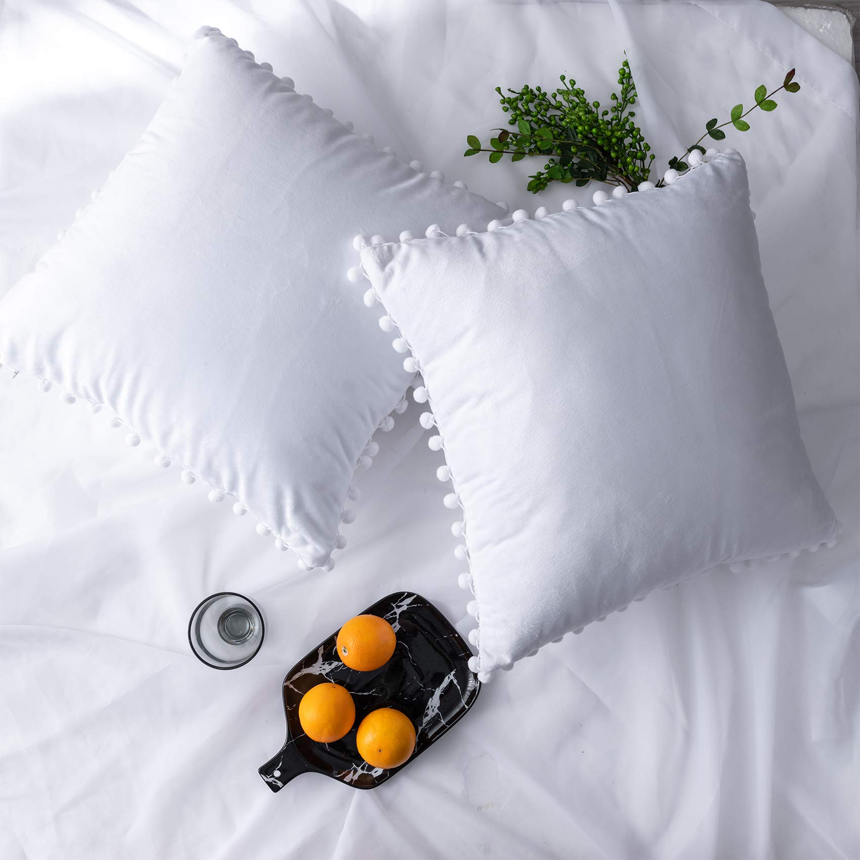 Luxury White Velvet Decorative Throw Pillow Covers with Pom Poms - Soft Solid Square Cushion Cases for Sofa, Couch, Bedroom & Car - Set of 2 (16x16 Inches) - Perfect for Home Decor, Living Room Accents & Cozy Comfort