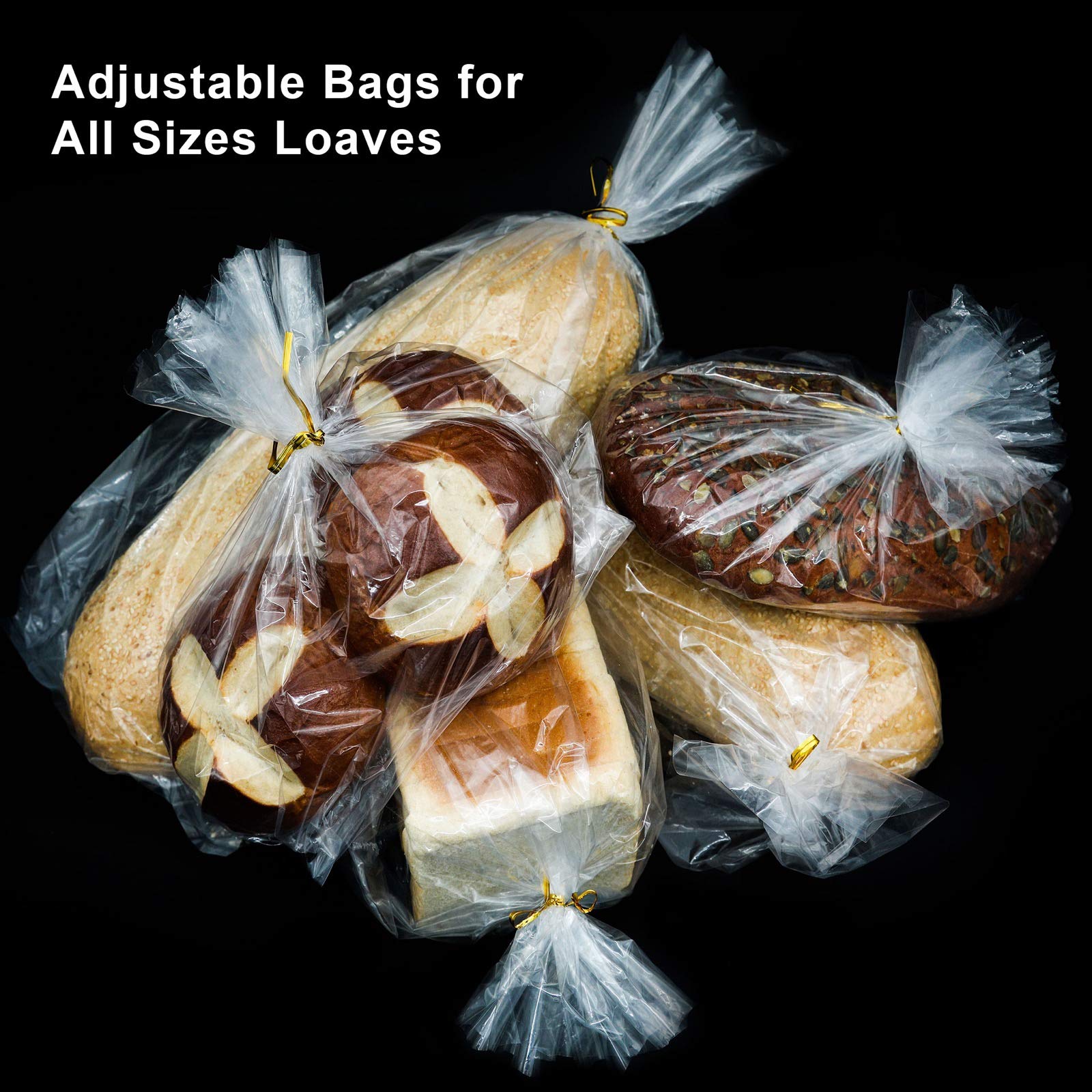 Reusable Bread Bags with Ties - 50 Clear Plastic Bread Bags & 50 Adjustable Ties for Homemade Bread, Bakery Loaves, Fresh Bread Storage | Perfect for Home Bakers, Artisan Bread, Farmers Market & Gift Packaging