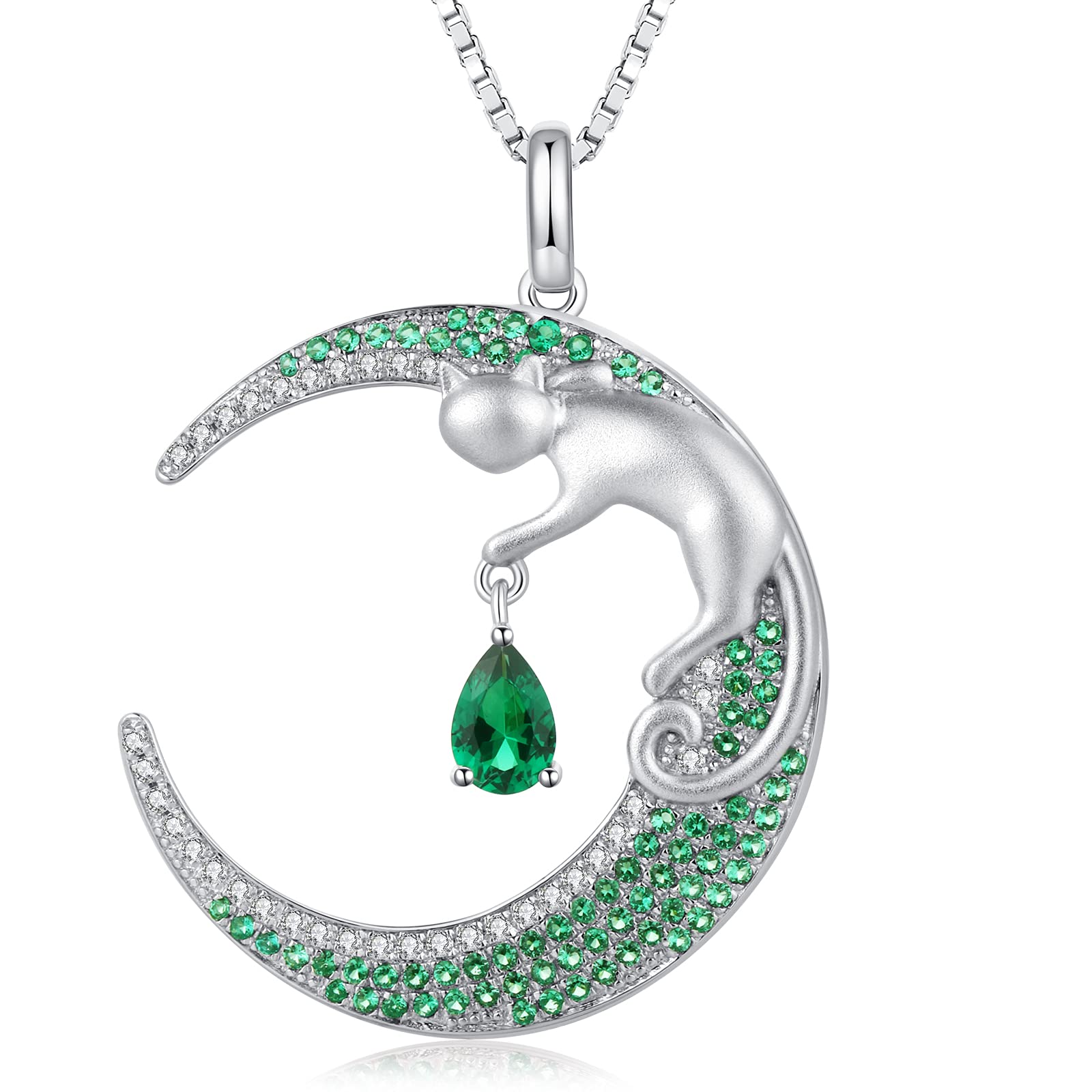 18K White Gold Plated Cat on Moon Pendant Necklace for Women - 925 Sterling Silver Cat Lover Jewelry, Perfect Gift for Birthday, Anniversary & Valentine's Day