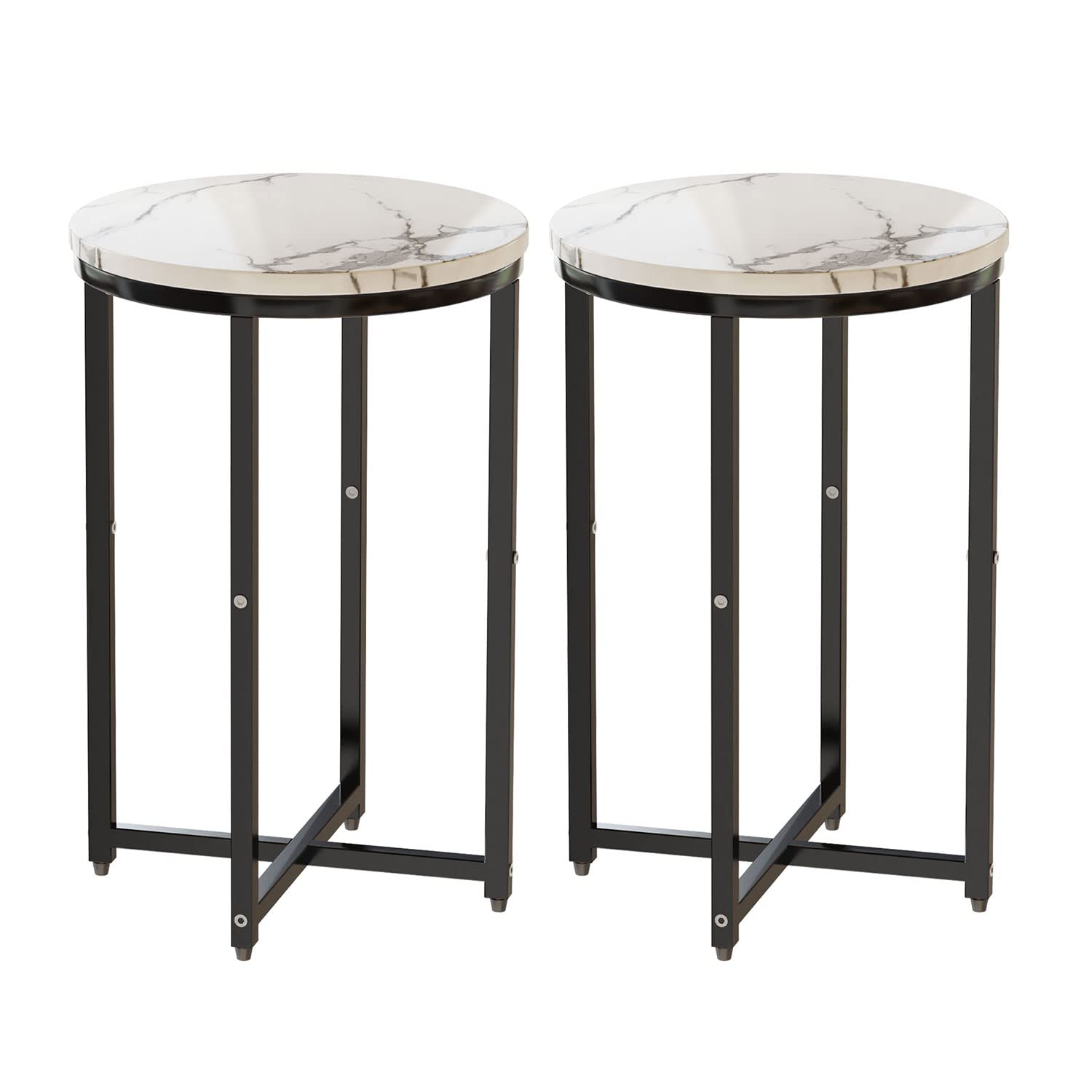 2-Piece Round End Side Tables with Faux Marble Top & Metal Frame - Modern Accent Tables for Living Room, Bedroom, Balcony | Small Space Home Decor | Perfect for Coffee Table, Nightstand or Entryway Furniture