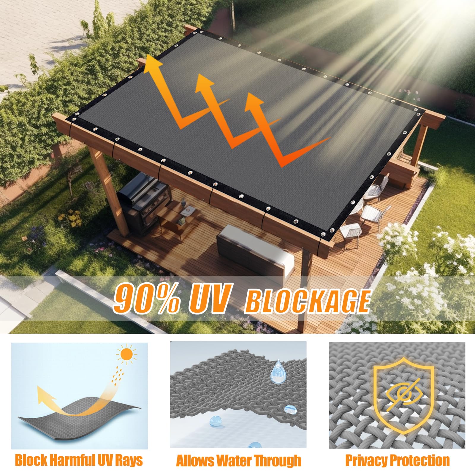 KANAGAWA 90% UV Block Sun Shade Cloth 10'X10' Outdoor Pergola Shade Cover with Grommets - Light Gray Privacy Screen for Patio, Backyard, Garden, Carport - Perfect for Outdoor Relaxation, Plant Protection & Vehicle Shading