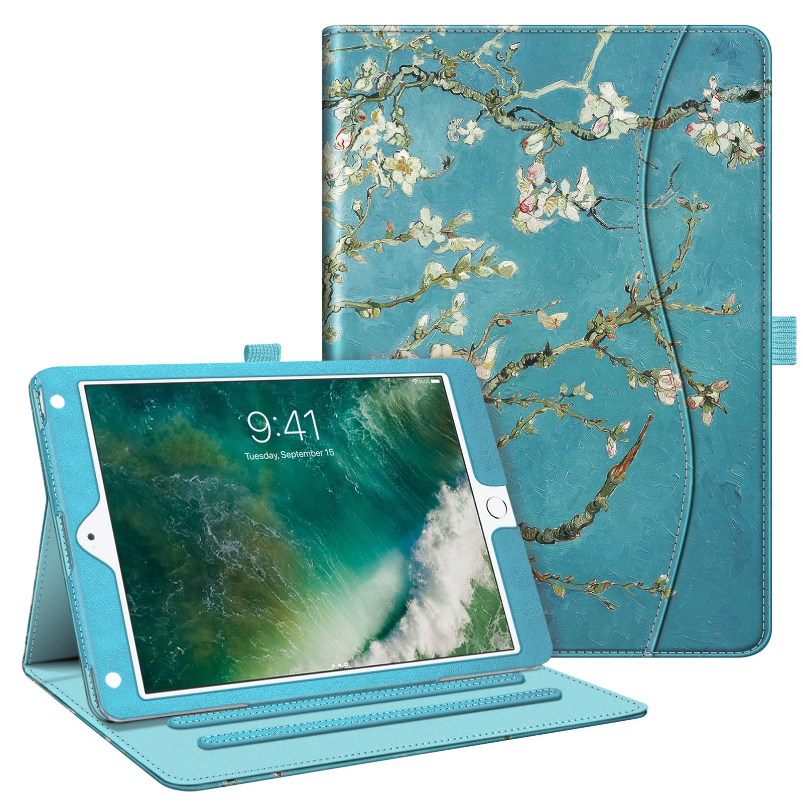 Fintie Protective Case for iPad 6th/5th Generation (2018/2017 Model) & iPad Air 2/Air 1 (9.7 Inch) - Slim Stand Cover with Corner Protection, Multi-Angle Viewing & Storage Pocket - Blossom Floral Design - Perfect for Work, School & Travel