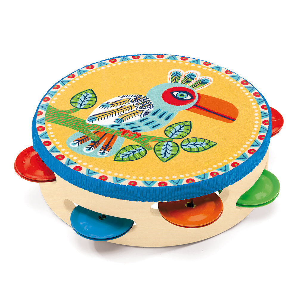 Djeco Animambo Wooden Tambourine - Musical Instrument for Kids, Toddler Percussion Toy with Colorful Design - Perfect for Music Class, Preschool Play & Birthday Parties