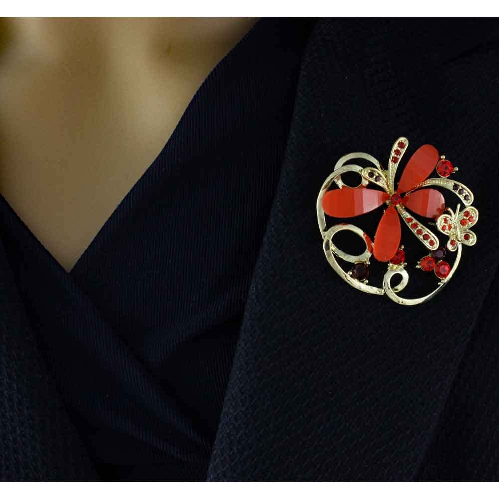 Dark Orange Crystal Butterfly Brooch Pin - Unisex Jewelry for Men & Women - Perfect for Weddings & Parties
