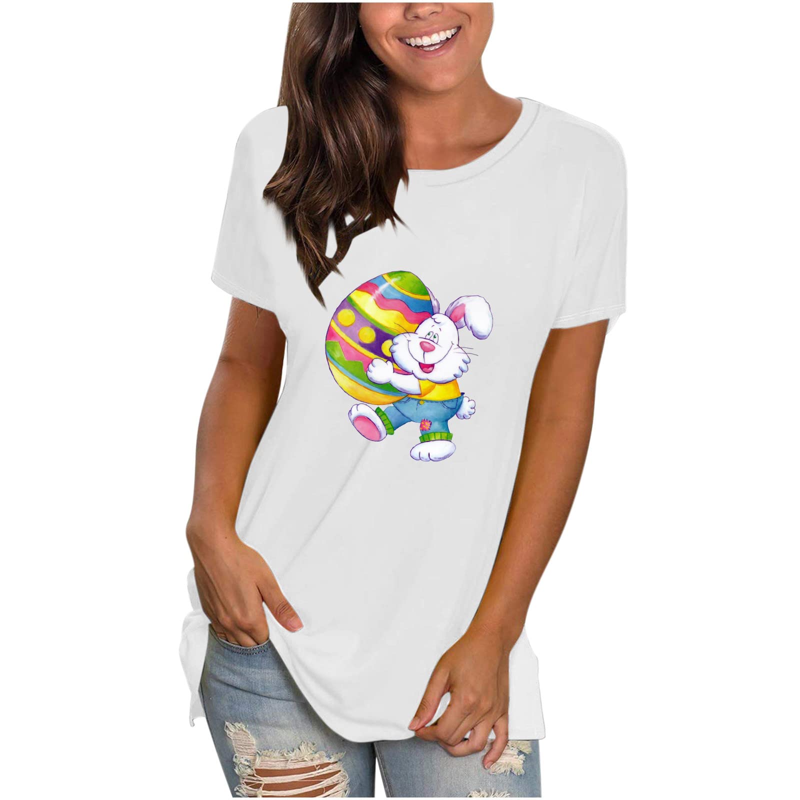 Women's Summer Blouse - Casual Comfortable Rabbit Print Tunic T-Shirt with Loose Fit, Short Sleeve & Crew Neck | Perfect for Beach Outings, Weekend Brunch and Summer Vacations