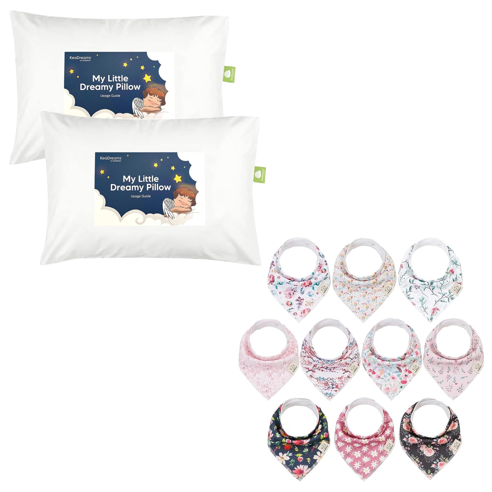KeaBabies Organic Cotton Toddler Pillow & Bandana Drool Bibs Set - 2 Soft Baby Pillows (13x18) & 10 Absorbent Bibs for Boys & Girls - Perfect for Naptime, Travel & Messy Meals