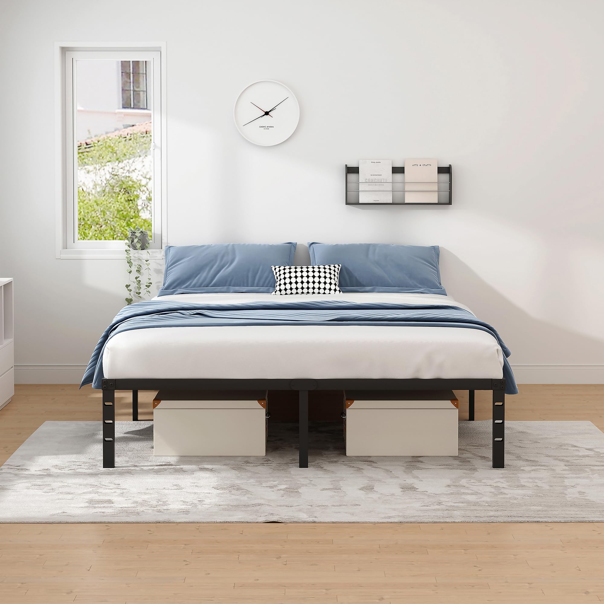 Queen Size Metal Bed Frame with Storage Space - Heavy Duty Sturdy Mattress Foundation, Easy Assembly, No Box Spring Needed - 18 Inch Black Bed Frame for Master Bedroom, Guest Room & Dorm