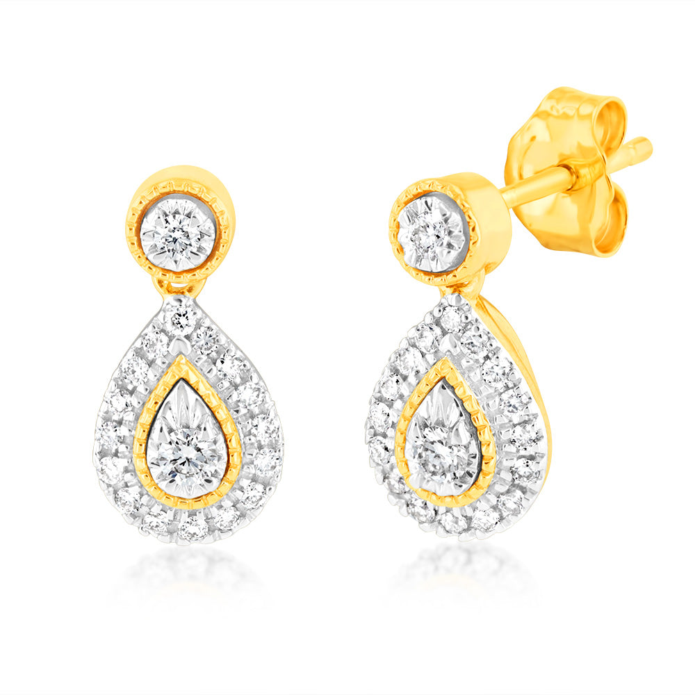1/5 Carat Diamond Drop Earrings in 9ct Yellow Gold - Elegant Dangling Earrings for Women, Perfect for Weddings, Parties & Special Occasions