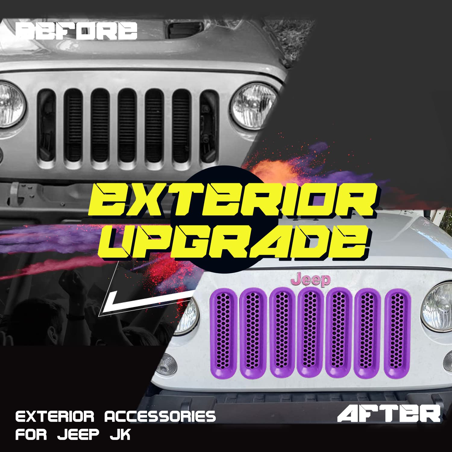 Camoo 7-Piece Purple Front Grill Inserts & Grille Guard for 2007-2017 Jeep Wrangler JK JKU Unlimited Rubicon Sahara - Durable Off-Road Protection & Custom Style Upgrade