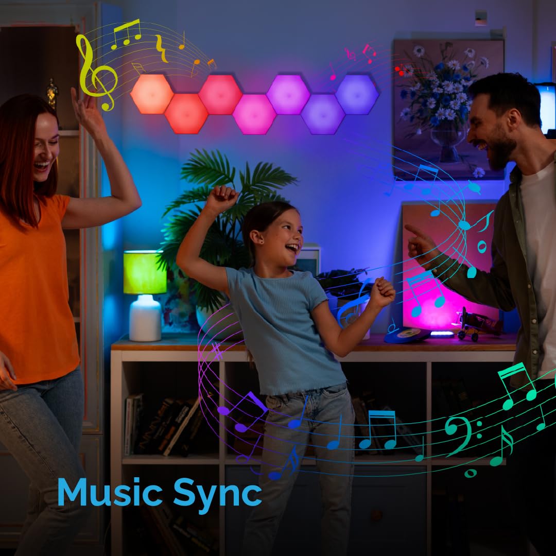 Emberela HEXlights 7-Pack RGB Hexagon LED Wall Panels with App & Remote Control - Smart Lighting for Living Room, Bedroom, Gaming Room Decor - Includes Tabletop Stand - Perfect for Home Theater, Party & Gaming Setup