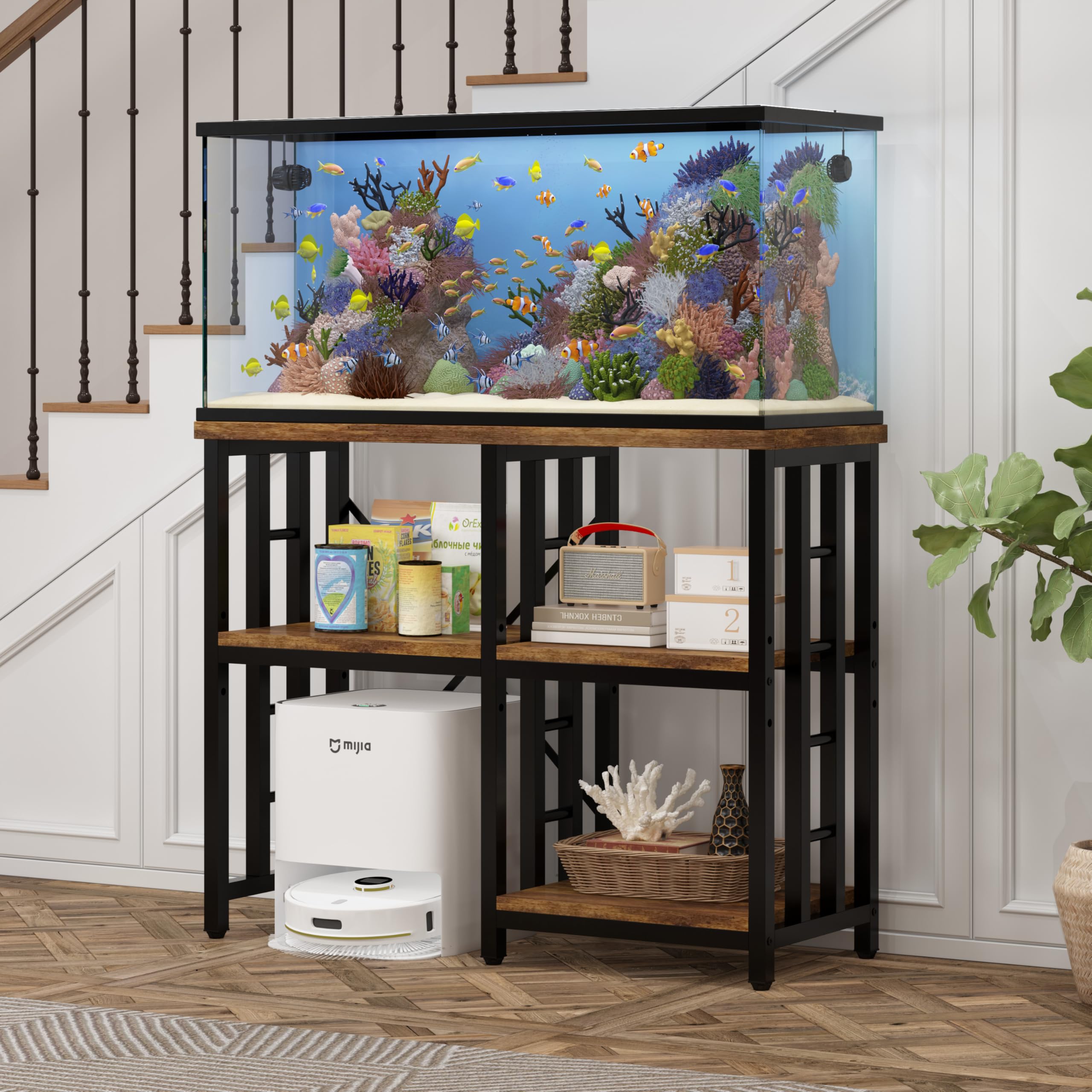 4-Tier Kitchen Baker's Rack with Microwave Stand & Mini Fridge Storage - Rustic Brown Kitchen Organizer Shelf for Spices, Utensils, and Food - Perfect for Coffee Bar, Fish Tank Stand (20-29-37 Gallon), and Small Appliance Organization in Compact Spaces