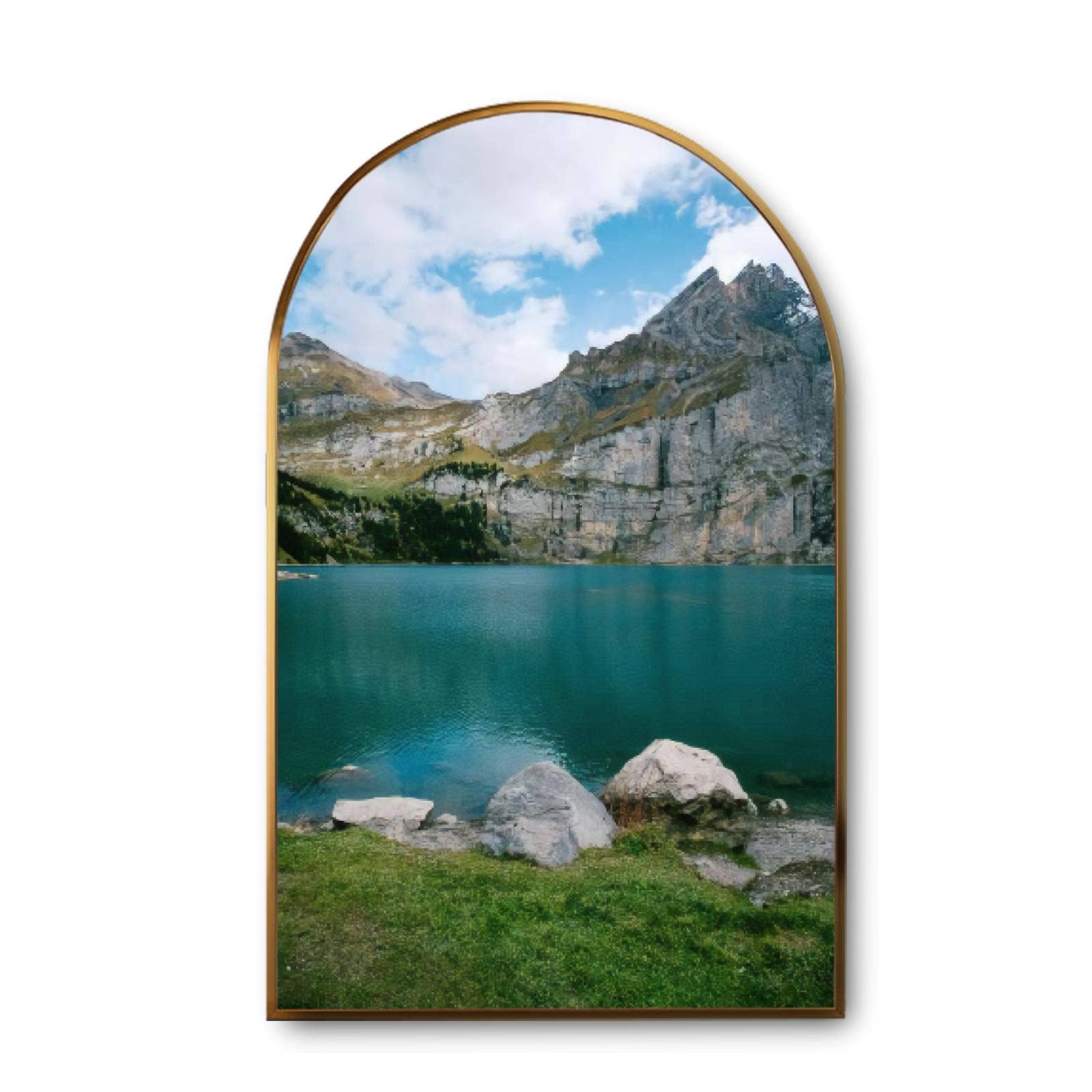 Premium Canvas Wall Art - Golden Framed Arch View of Oeschinen Lake in Swiss Alps with Turquoise Waters | Modern Giclee Print Painting for Living Room, Bedroom & Office Decor | Ready to Hang Home Artwork for Nature Lovers & Travel Enthusiasts