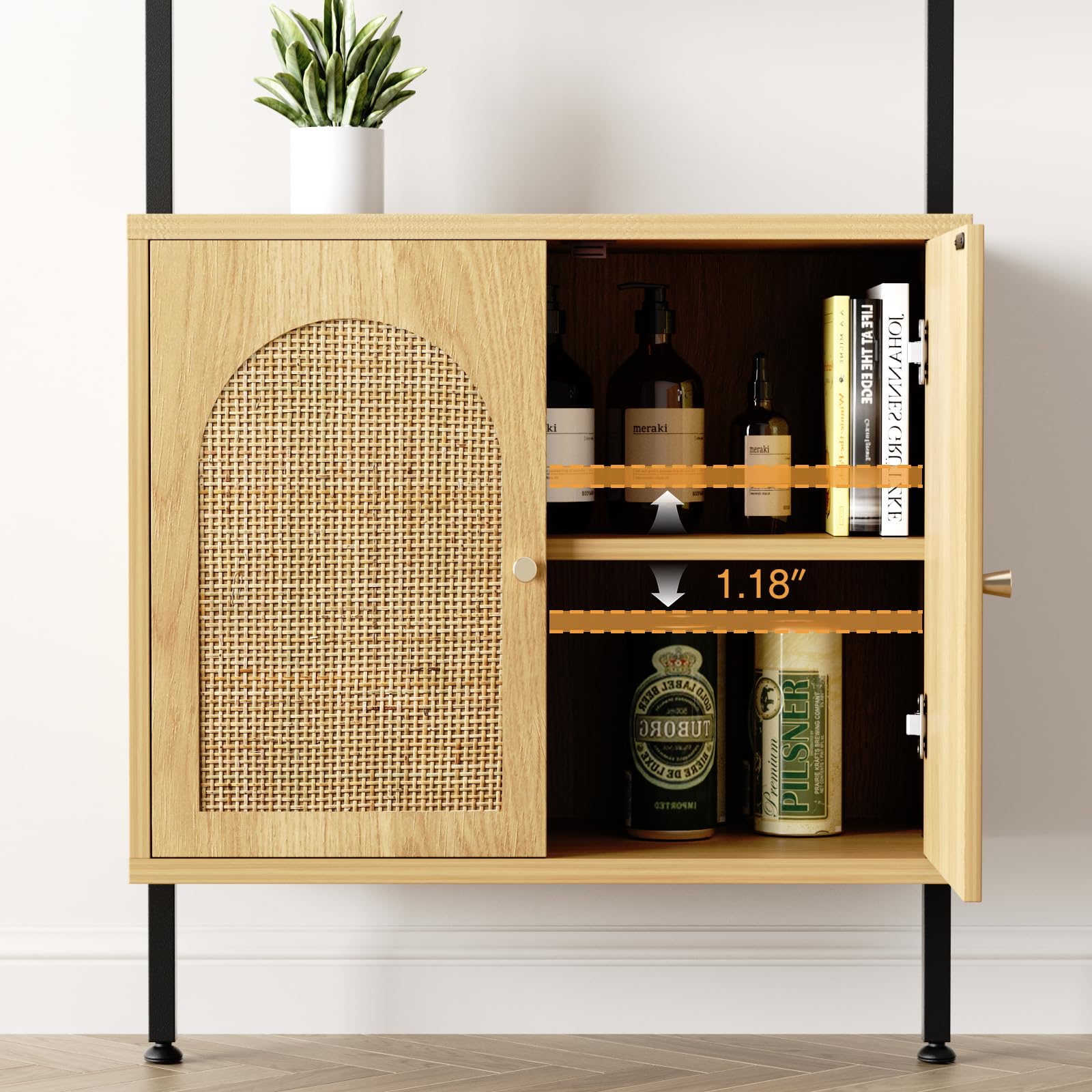 3-Tier Ladder Bookshelf with Rattan Cabinet - Space-Saving Storage for Home Office & Bedroom