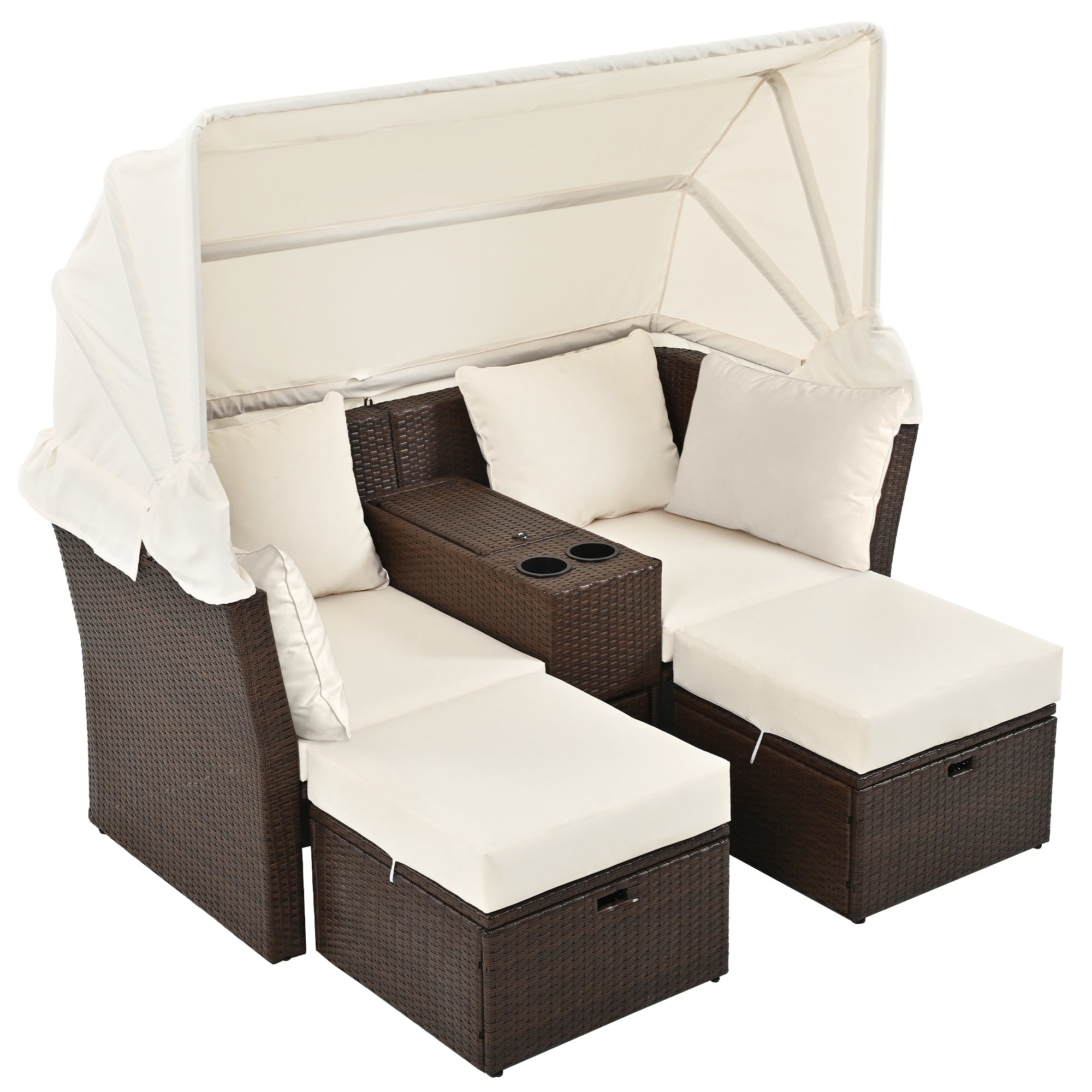 2 Seater Outdoor Patio Daybed with Foldable Awning & Cushions - Double Loveseat Sofa Set for Garden, Balcony, Poolside - Perfect for Relaxing, Sunbathing & Outdoor Lounging (Beige)