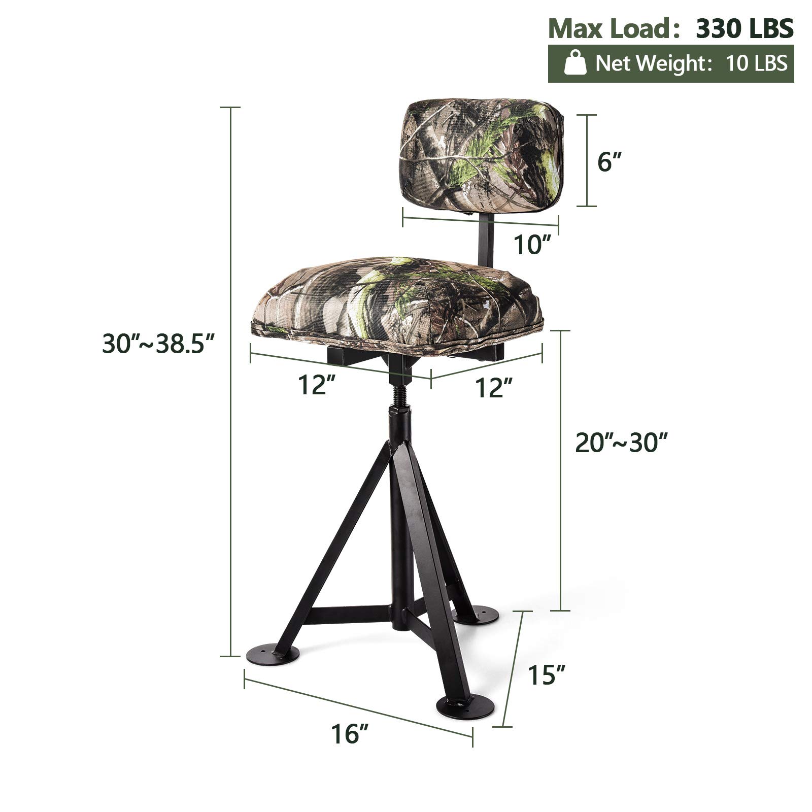 LDAILY 360° Swivel Hunting Chair with Detachable Backrest - Adjustable Height Camo Tripod Stool for Hunting, Fishing & Camping - Padded Seat for Comfort - Perfect for Outdoor Adventures, Blind Hunting & Backpacking Trips