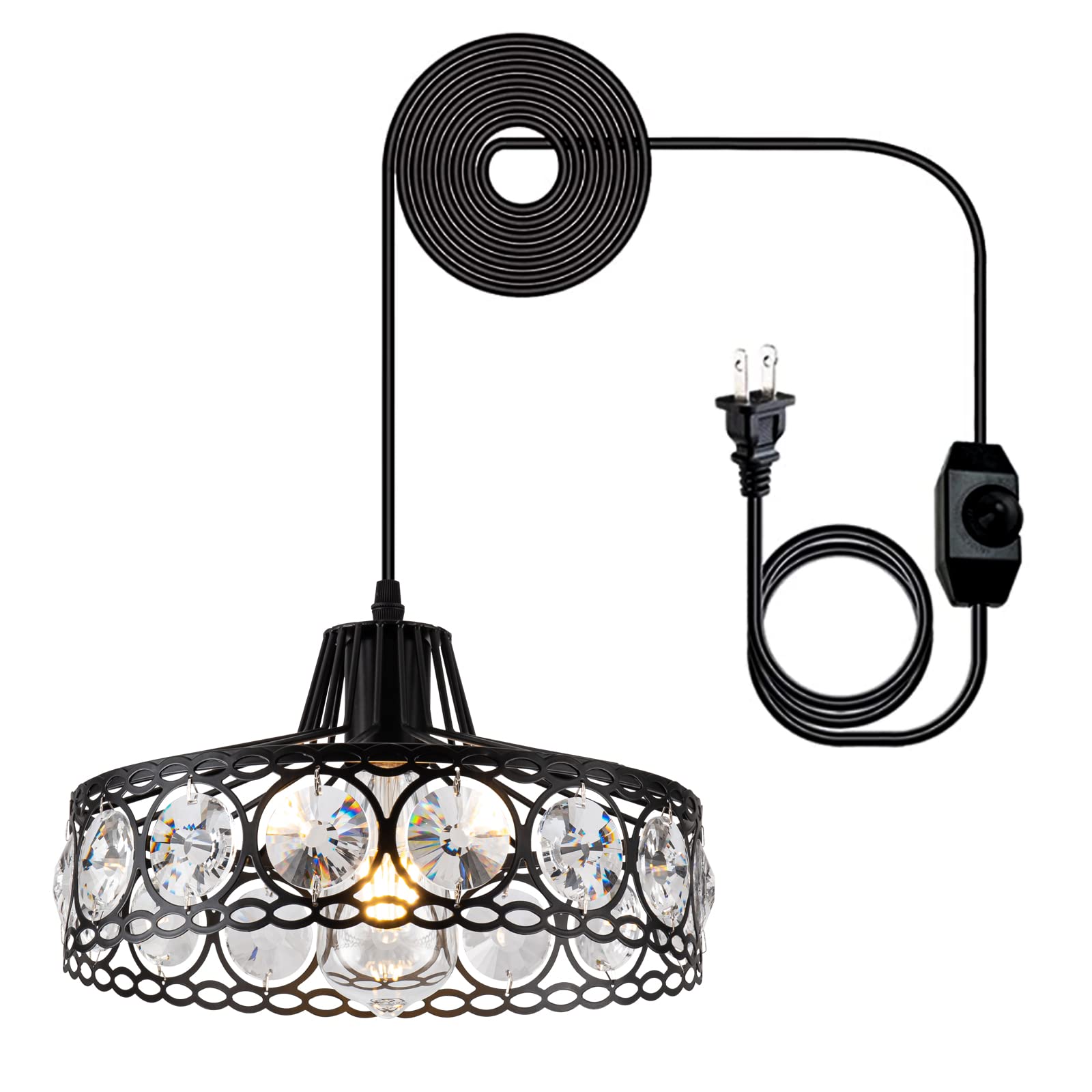 Crystal Pendant Light - Black Industrial Metal Chandelier with 15Ft Cord & On/Off Switch | Modern Hanging Lamp for Kitchen Island, Dining Room, Bedroom | Plug-in Swag Light Fixture (D11.42) for Home Decor & Interior Lighting