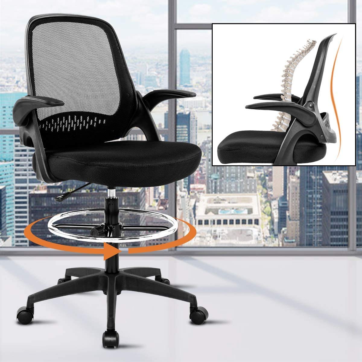 Ergonomic Drafting Chair with Flip-Up Arms & Footrest - Adjustable Height Swivel Rolling Office Chair for Standing Desk, Bar High Desk - Supports 250lbs - Perfect for Artists, Architects & Home Office Use