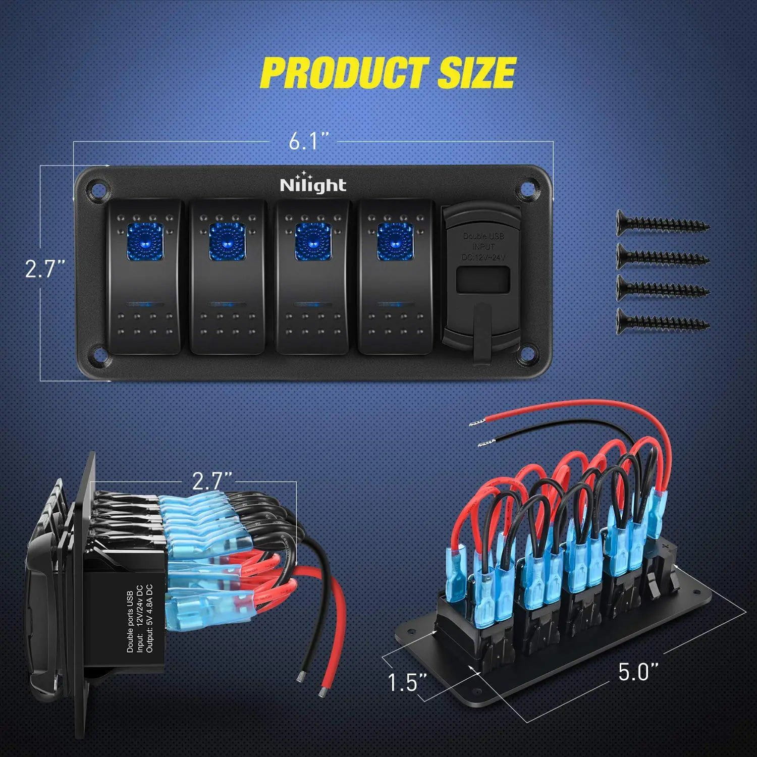 4 Gang Aluminum 5 Pin ON/Off Blue LED Rocker Switch Panel with 4.8A Dual USB Charger & Voltmeter - Perfect for Marine, RV, Truck & Boat Electrical Systems