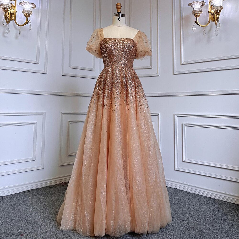 Serene Hill Sexy Gold A-Line Luxury Sparkle Beaded Lace-Up Evening Dress Gown for Women 2025 | Formal Party, Prom, Wedding Guest, Black Tie Event