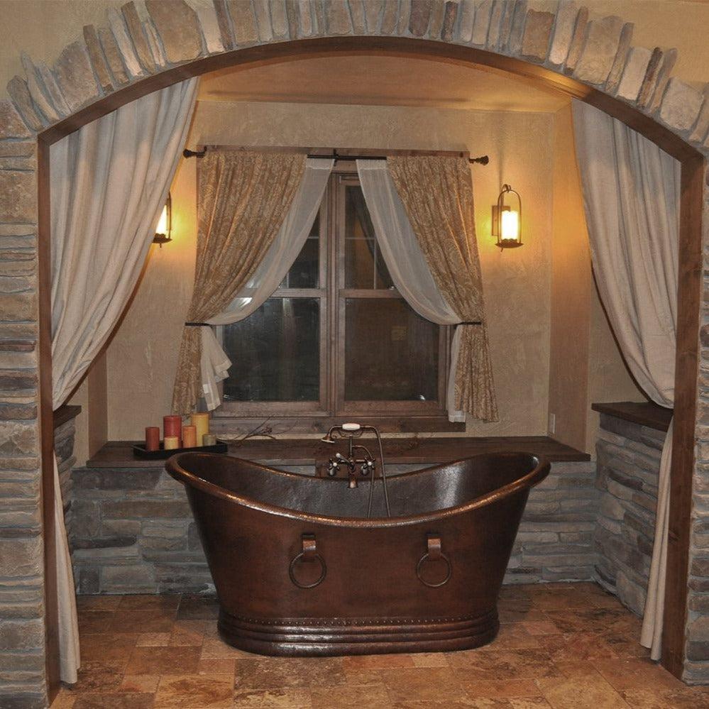 Premier 67-Inch Hammered Copper Double Slipper Bathtub with Rings (BTDR67DB) - Luxurious Freestanding Soaking Tub for Spa Bathroom & Master Suite Relaxation