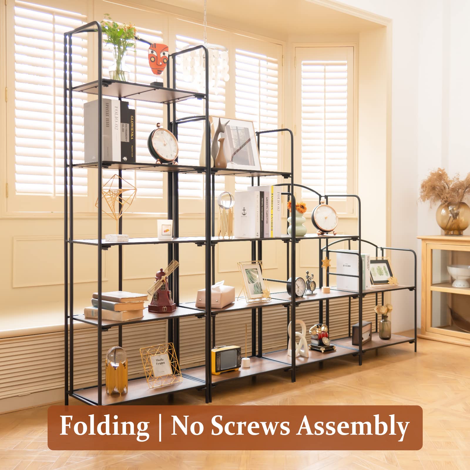 Crofy No Assembly Folding Bookshelf - 3 Tier Black Collapsible Bookcase for Living Room, Home Office & Bedroom | Portable Storage Organizer for Books, Magazines & Decor | Space Saving Solution for Small Spaces