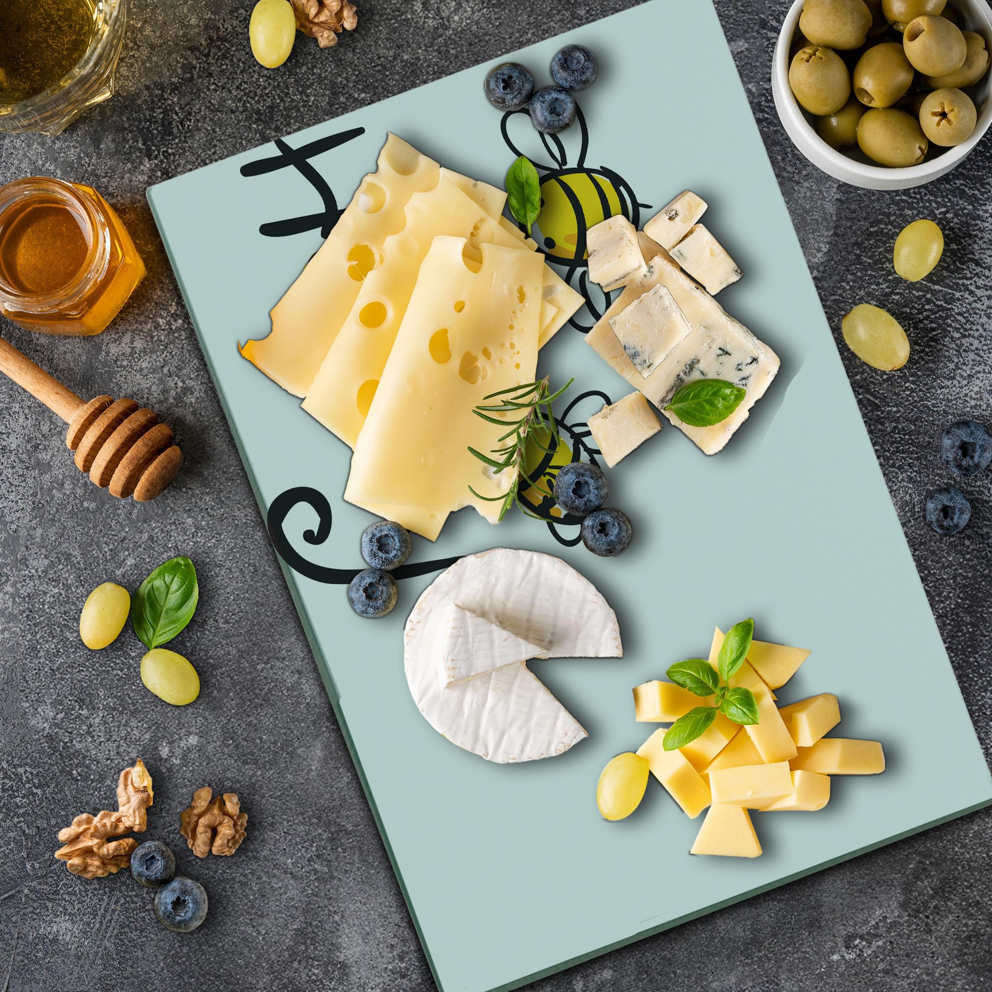 Ambesonne Honey Cutting Board - Doodle Bees Design, Large Tempered Glass for Kitchen & Serving