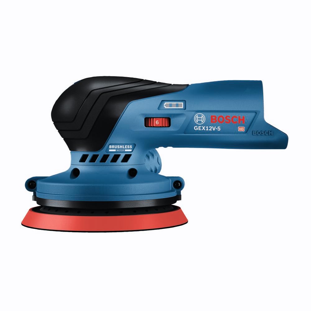 BOSCH GEX12V-5N 12V Max Brushless 5-Inch Random Orbit Sander - Ergonomic Palm Grip, Dust Collection System, Variable Speed Control, Soft-Start Technology (Bare Tool) - Perfect for Woodworking, Sanding Floors, Furniture Refinishing & DIY Projects