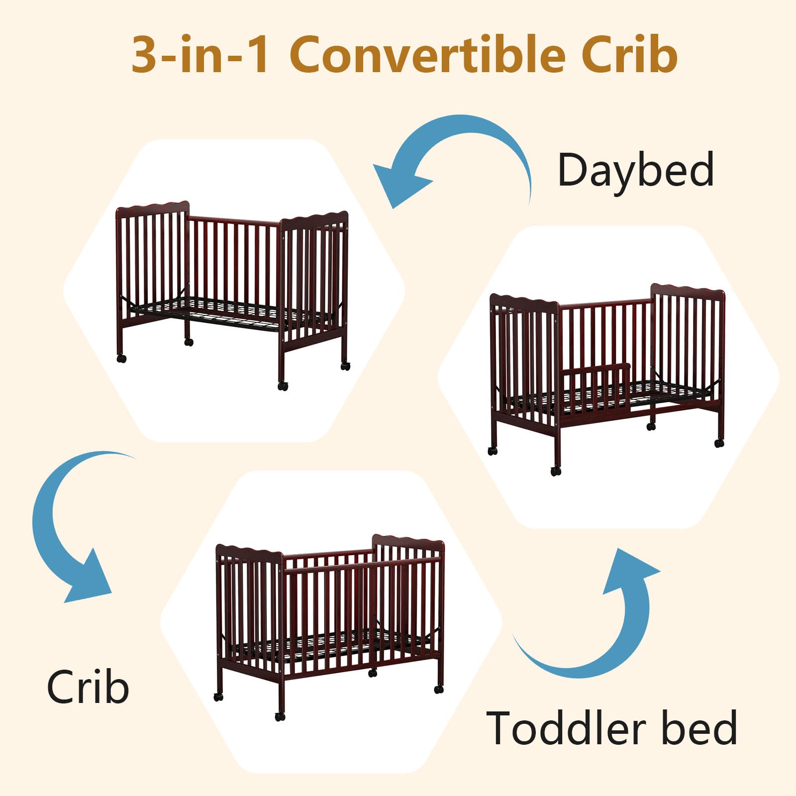 3-in-1 Convertible Baby Crib to Toddler Bed & Full Size Bed Frame - Safe Nursery Furniture for Newborns & Kids - Perfect for Small Spaces & Growing Families (Mattress Not Included) | Nursery Decor, Bedroom Upgrade & Space-Saving Solution