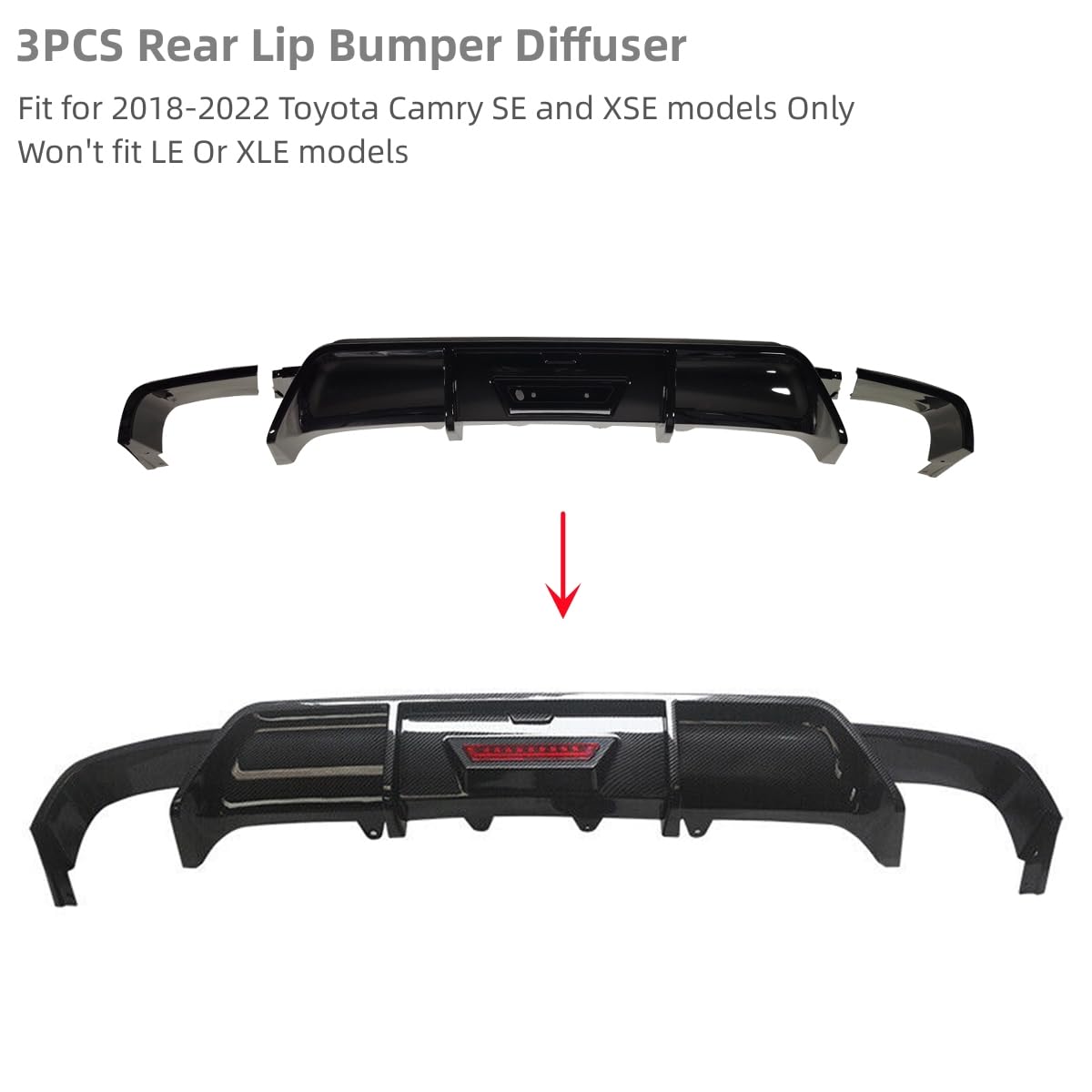 3PCS Rear Lip Bumper Diffuser with LED Lights for 2018-2022 Toyota Camry SE/XSE | Carbon Fiber Style Splitter | Enhanced Aerodynamics & Night Visibility
