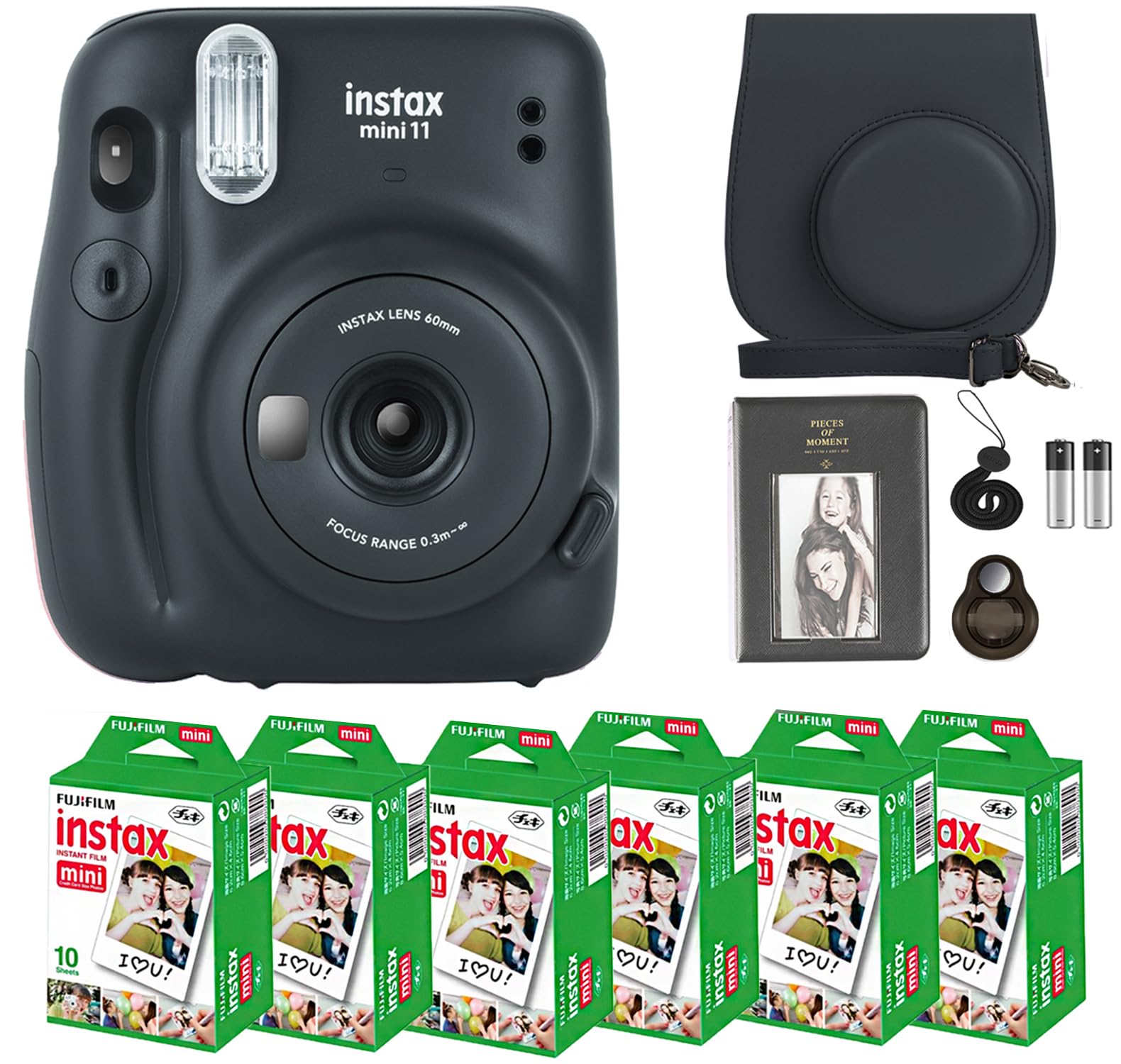 Fujifilm Instax Mini 11 Instant Camera Bundle with 60 Sheets Mini Film, Carrying Case, Selfie Lens, Photo Album & Stickers (Charcoal Gray) - Perfect for Travel, Parties, Weddings & DIY Scrapbooking