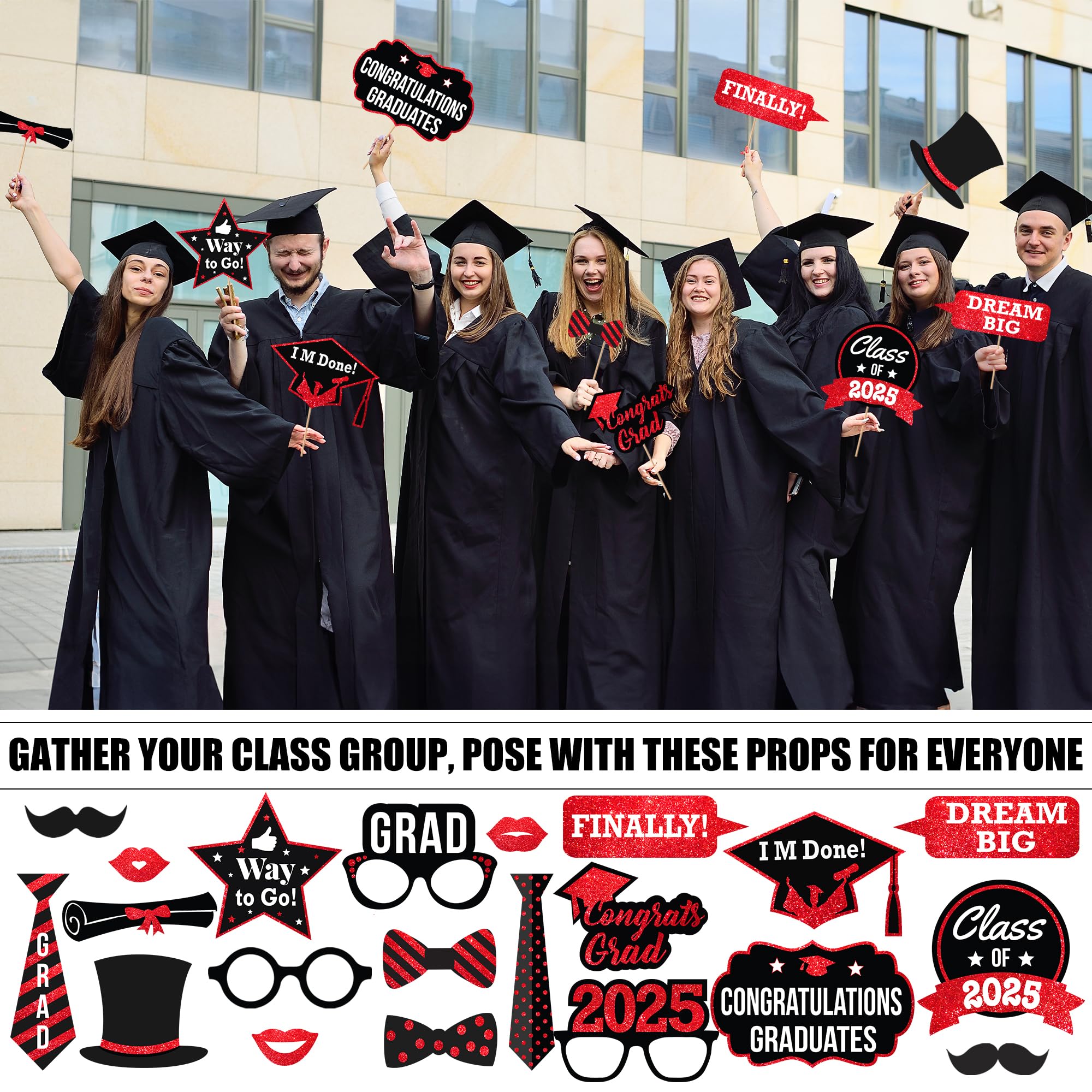 KatchOn Graduation Photo Booth Props 2025 - Pack of 36 Red & Black Graduation Decorations for Class of 2025 | DIY Graduation Party Supplies, Photo Shoot Backdrops & Social Media Props for Graduation Ceremony, Yearbook & Senior Night Celebrations